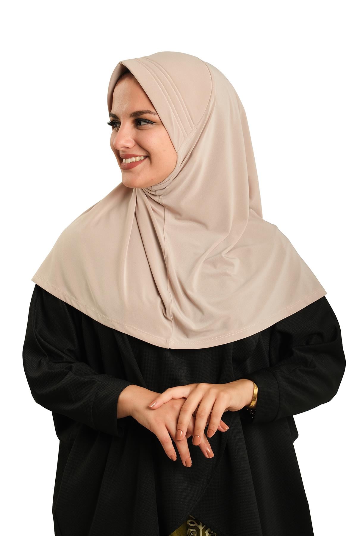 Bej Pratik Hazır Geçmeli Tesettür Eşarp Sandy Kumaş Sade - Hürrem Bone 1600_12