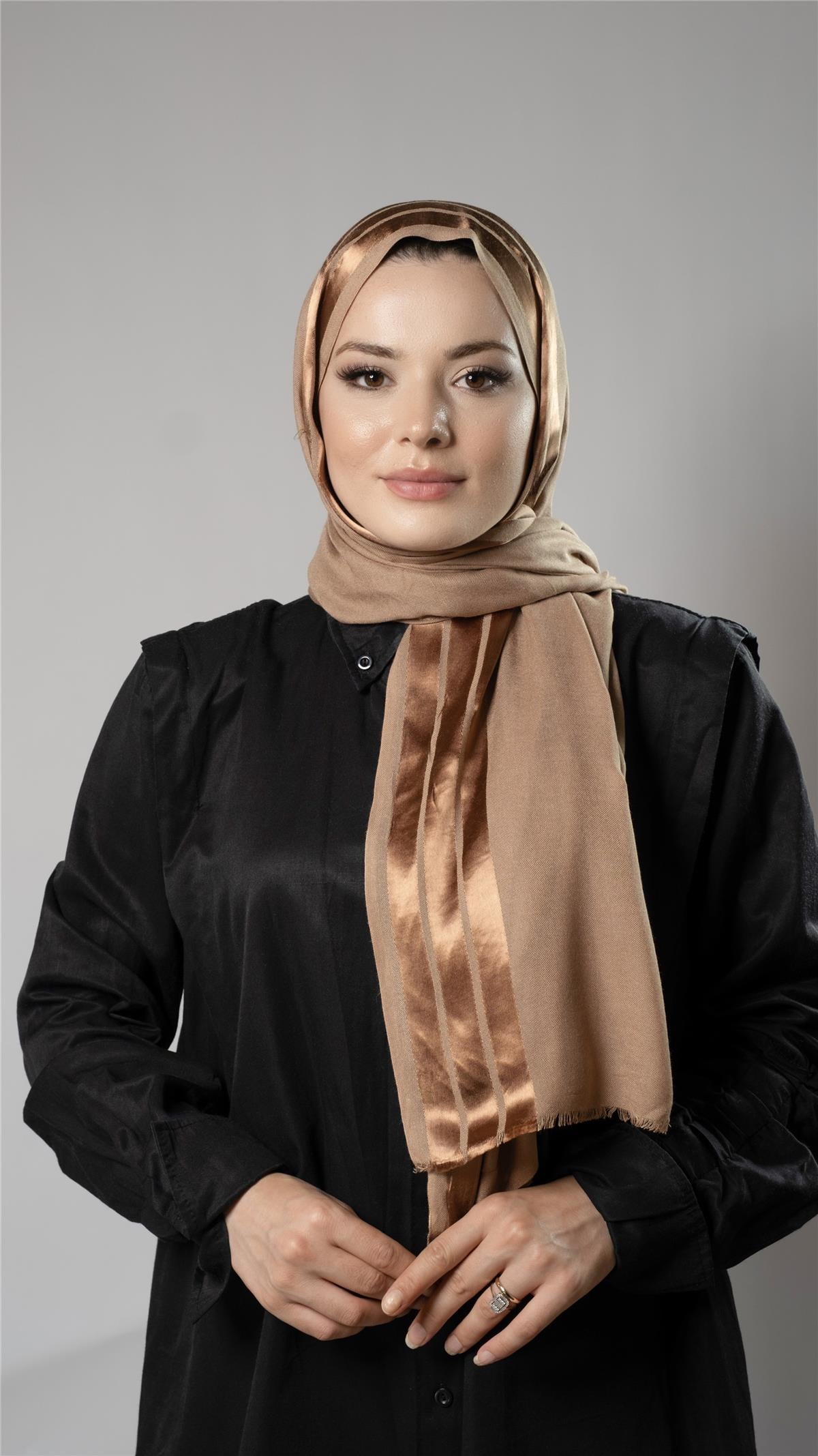 Bej Şerit Çizgili Şal Viskon Kumaş Bursa Dolama - Hürrem Bone 202109_12