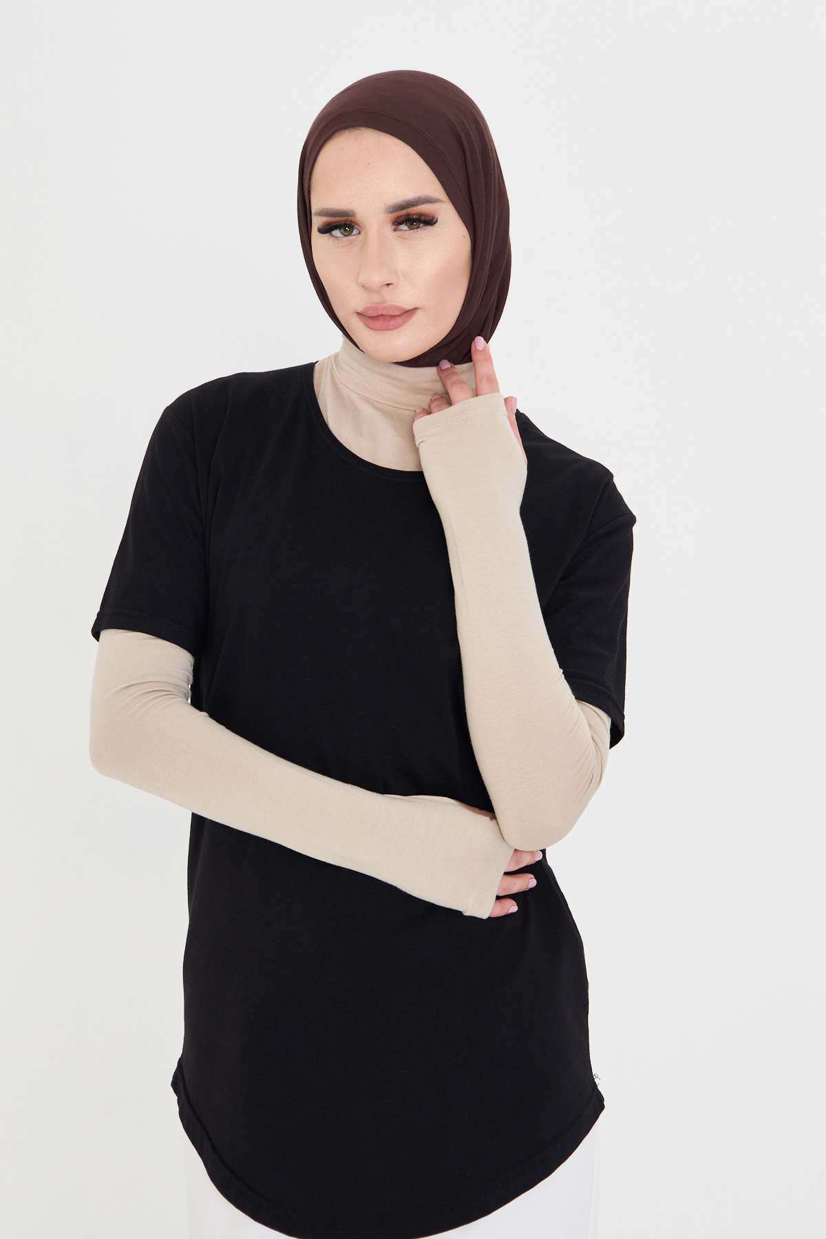 Bej Tesettür Parmak Geçmeli Kolluk Viskon Düz - Hürrem Bone 1024_12