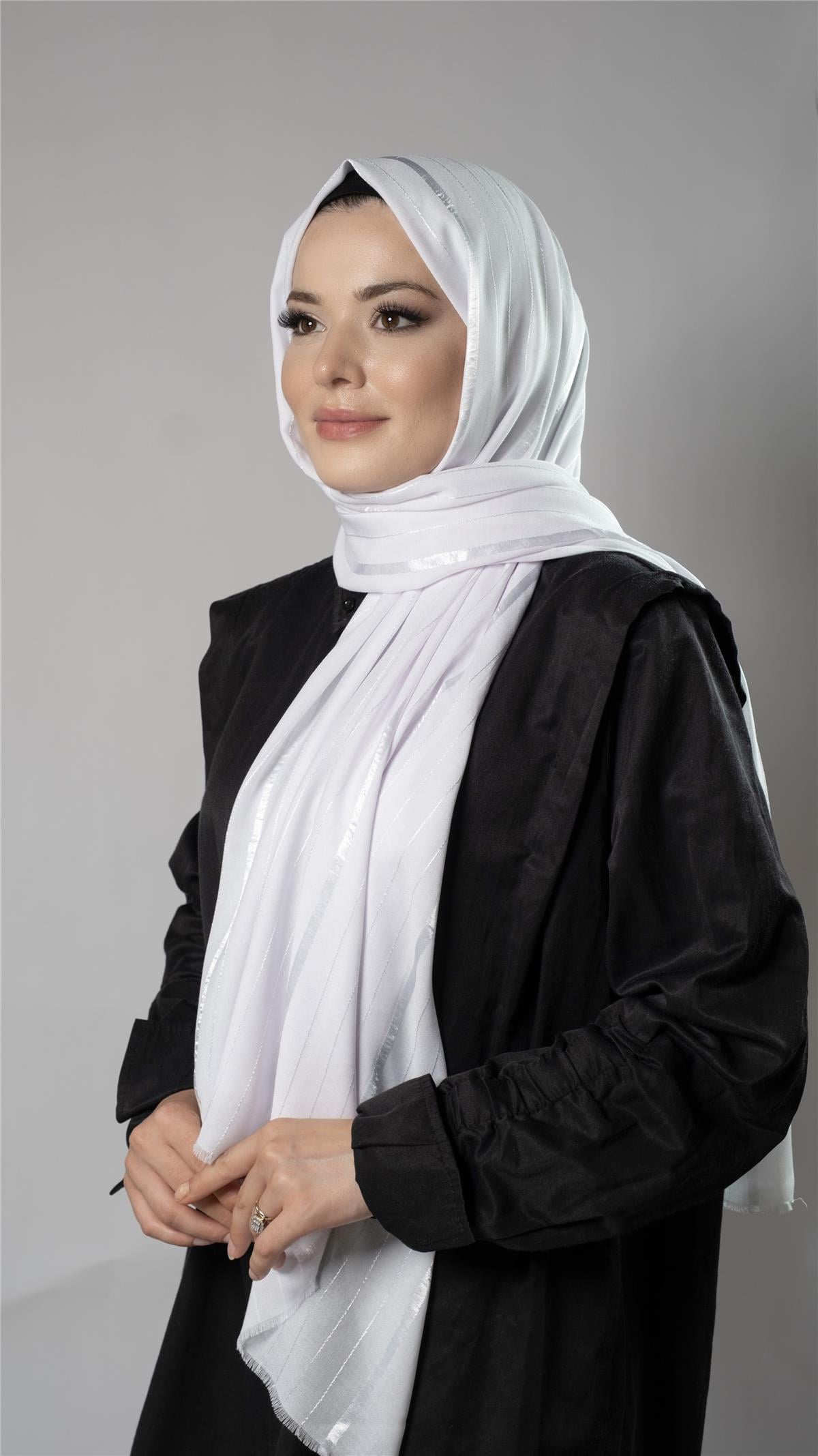 Beyaz Çizgili Şal Viskon Kumaş Bursa Dolama - Hürrem Bone 202110_42