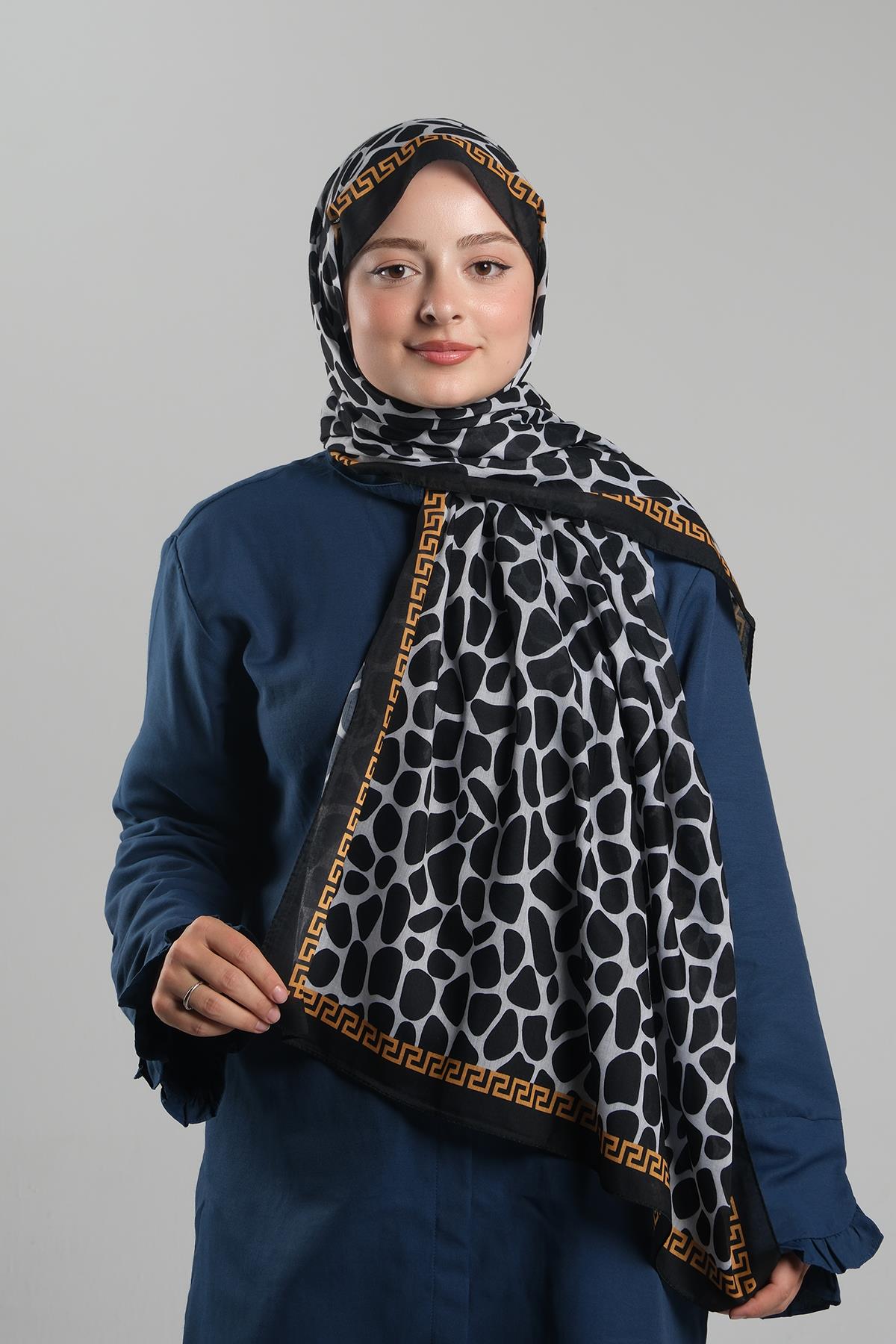 Beyaz Desenli Şal Kesik Elyaf Dijital Baskılı Pamuksu Leopar - Hürrem Bone 202116_42