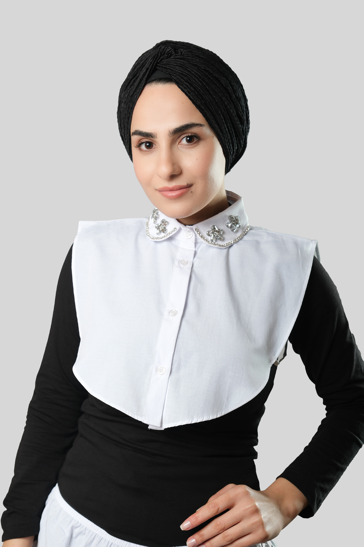 Beyaz Gömlek Yakalı Boyunluk Terikoton Taşlı Papatya Desenli - Hürrem Bone 1019_42