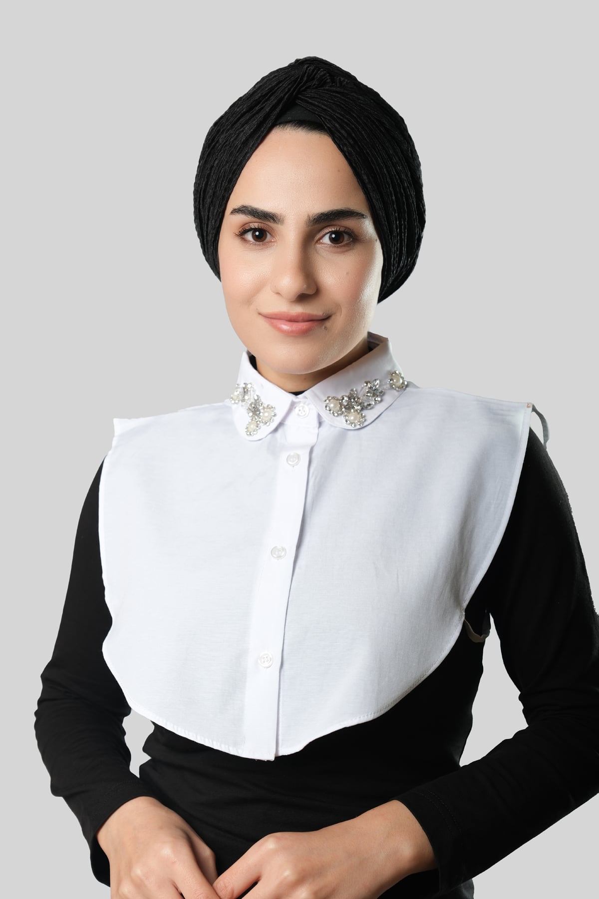 Beyaz Gömlek Yakalı Boyunluk Terikoton Taşlı Çiçek Desenli - Hürrem Bone 1016_42