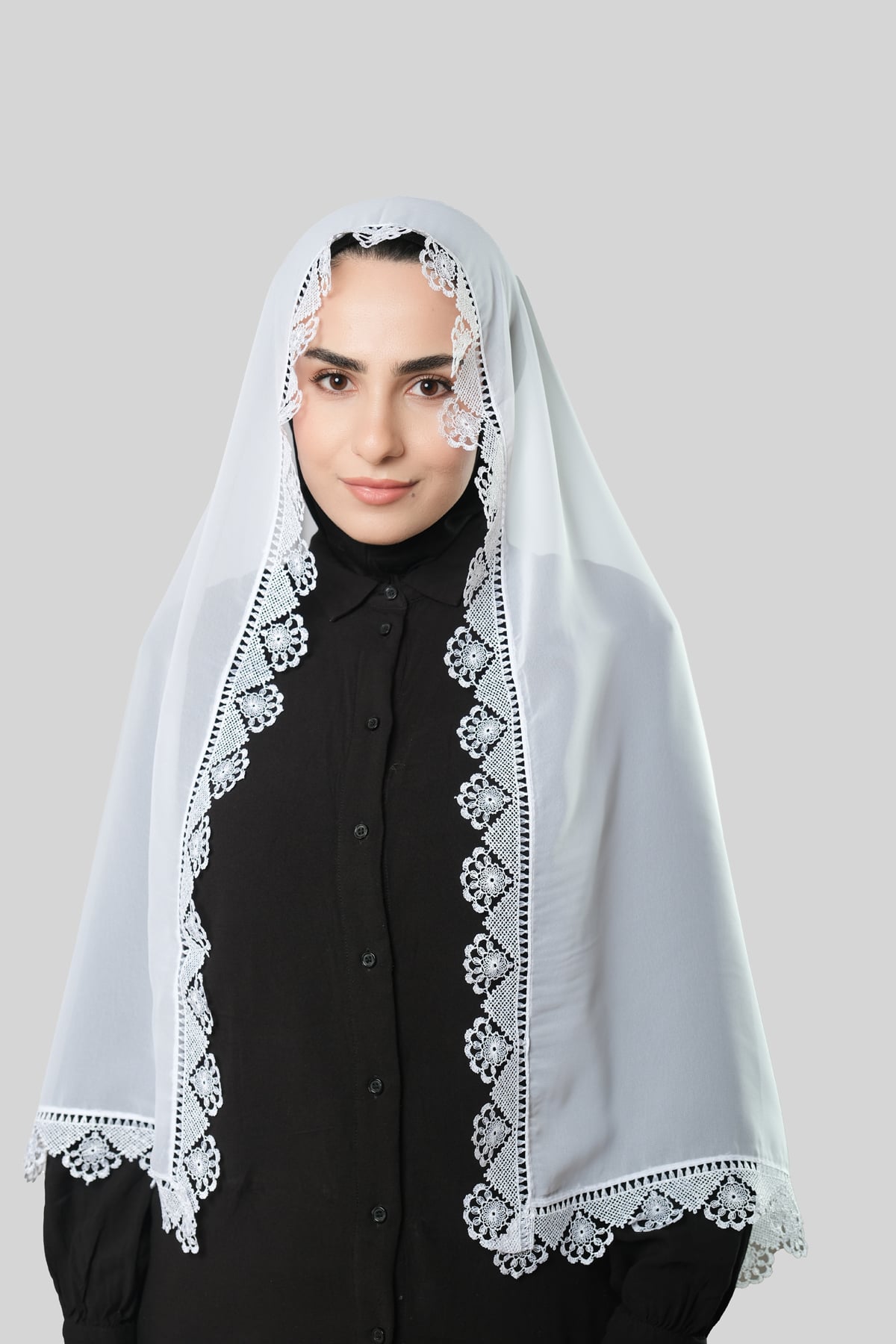 Beyaz Namaz Başörtüsü Şal Şifon Güpürlü - Hürrem Bone 202106_42