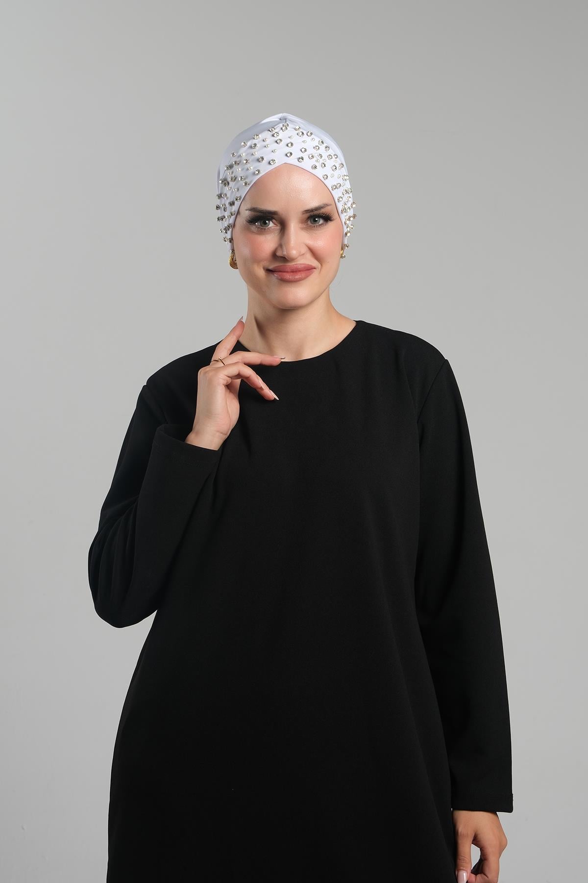 Beyaz Pratik Hazır Geçmeli Tesettür Bone Sandy Kumaş Taşlı - Hürrem Bone 1456_42