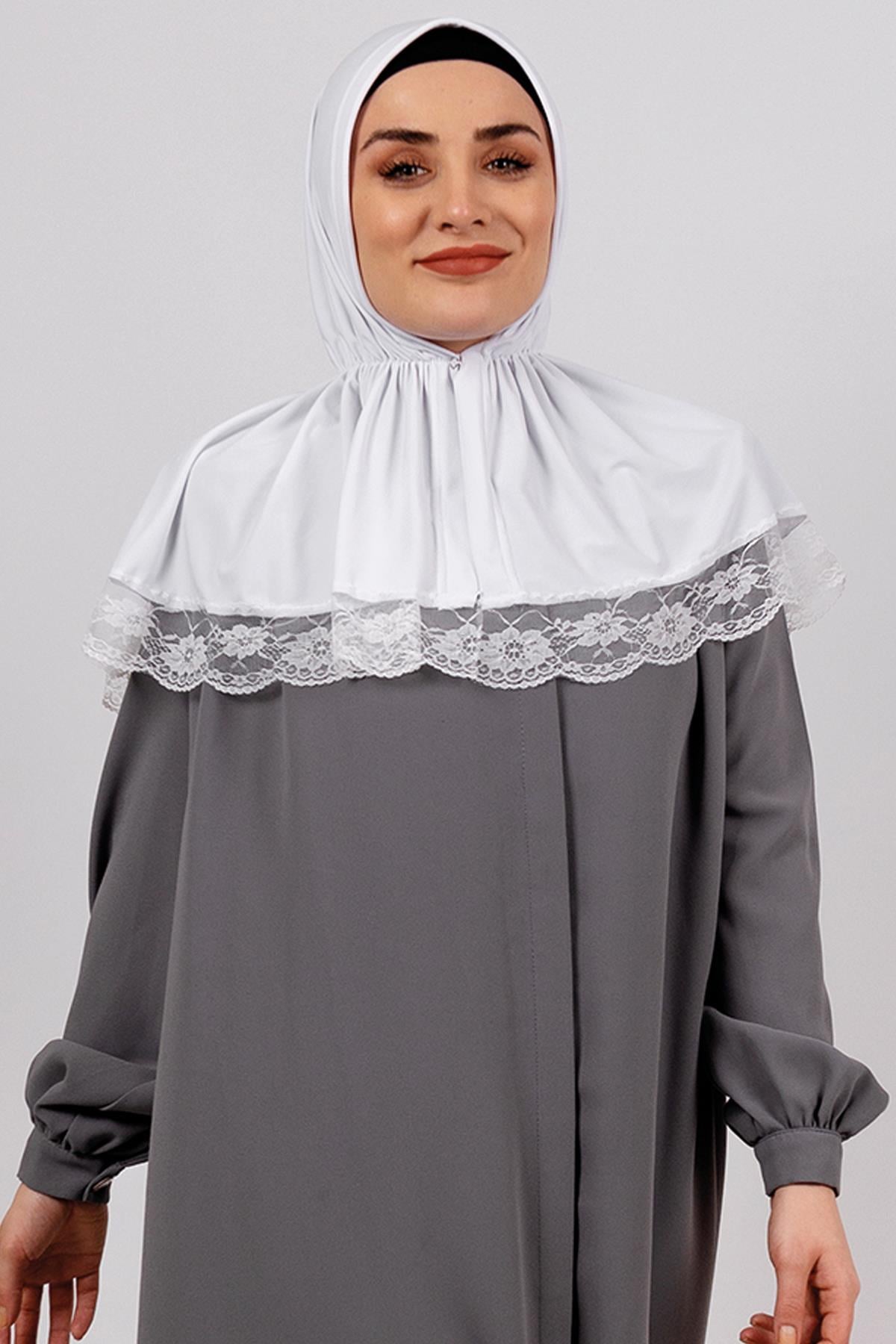 Beyaz Pratik Hazır Geçmeli Tesettür Eşarp Viskon Kumaş Çıtçıtlı Dantelli - Hürrem Bone 2105_42