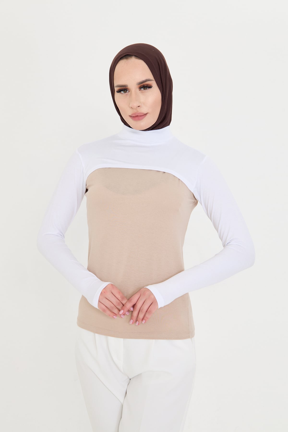 Beyaz Tesettür Balıkçı Yaka Boyunluklu Kolluk Viskon Düz - Hürrem Bone 1025_42