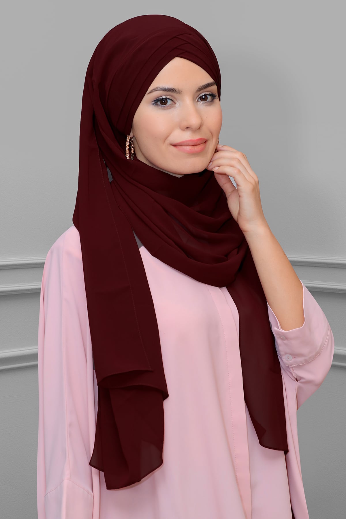 Bordo Arkadan Bağlamalı Şal Şifon Çapraz Üç Bantlı - Hürrem 1457