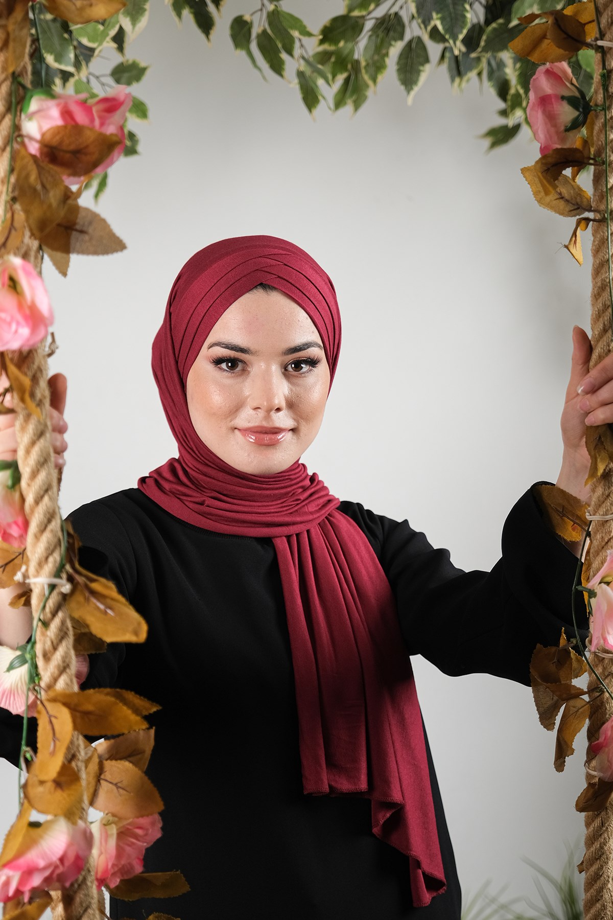 Bordo Arkadan Bağlamalı Şal Viskon Kumaş Üç Bantlı - Hürrem Bone 2103_16