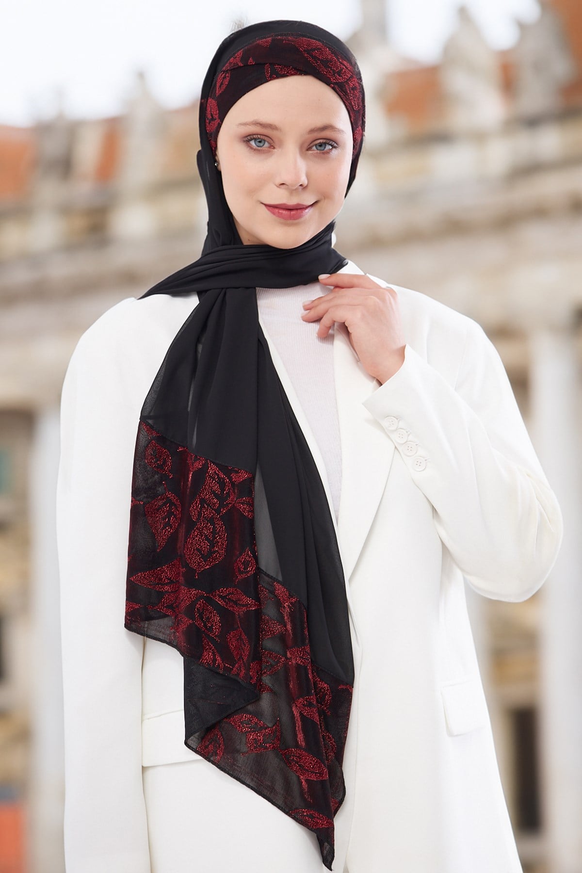 Bordo Çapraz Arkadan Bağlamalı Şal Şifon Çiçek Desenli - Hürrem Bone 2330_16