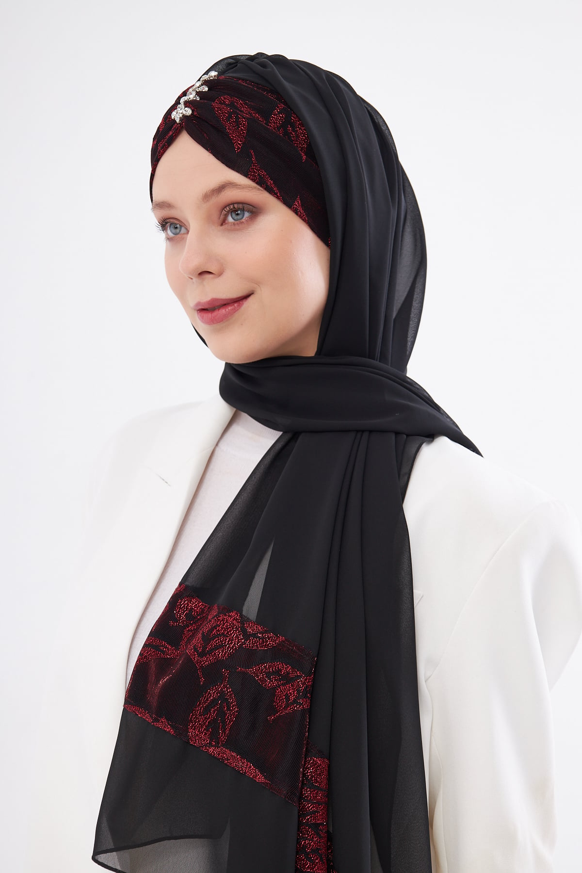 Bordo Çapraz Arkadan Bağlamalı Şal Şifon Çiçek Desenli - Hürrem Bone 2319_16