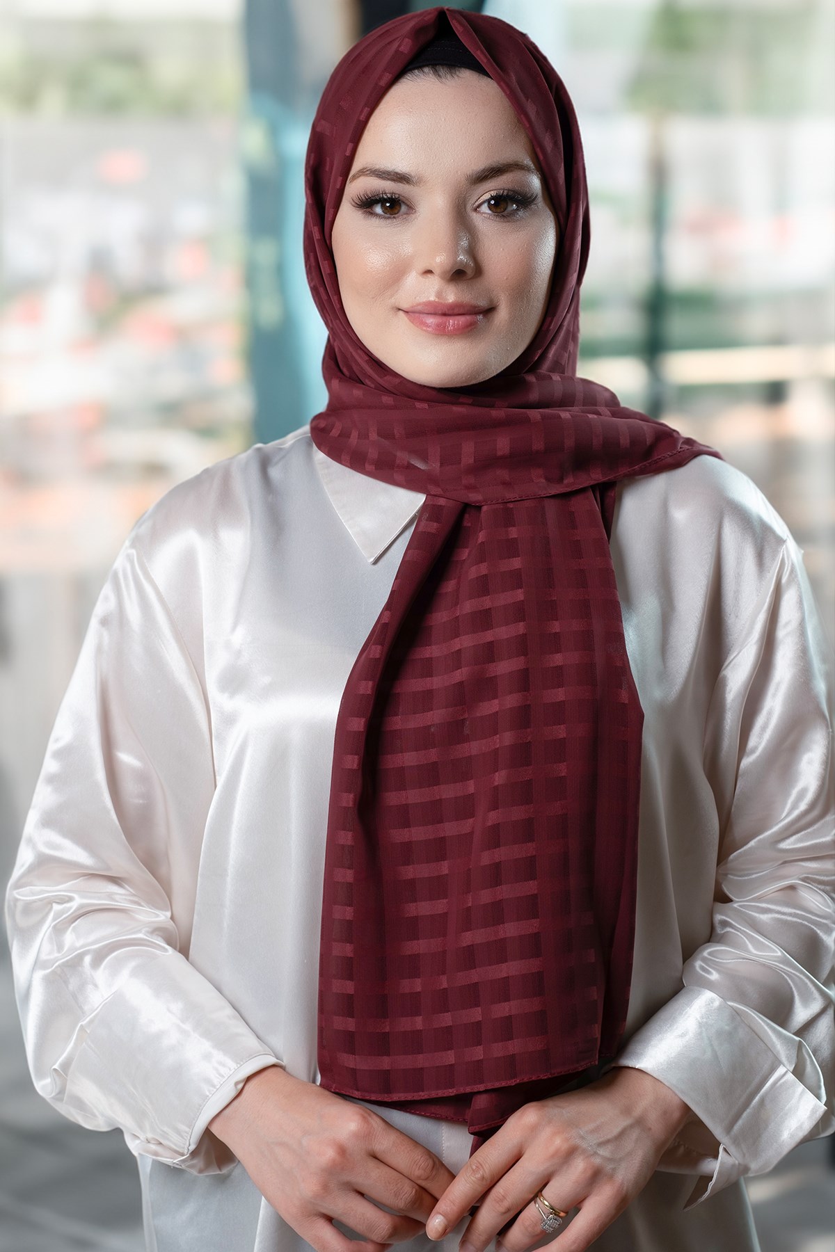 Bordo Desenli Şal Şifon Kumaş Kareli Çizgili - Hürrem Bone 202107_16