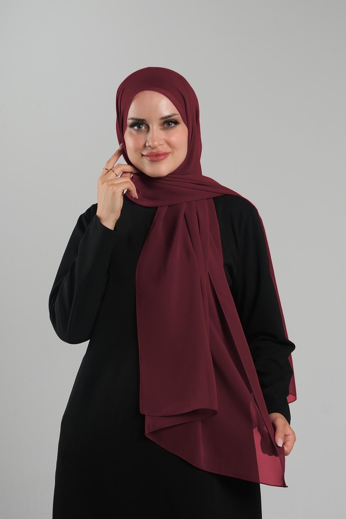 Bordo Düz Klasik Şal Şifon Dikişli - Hürrem Bone 202112_16