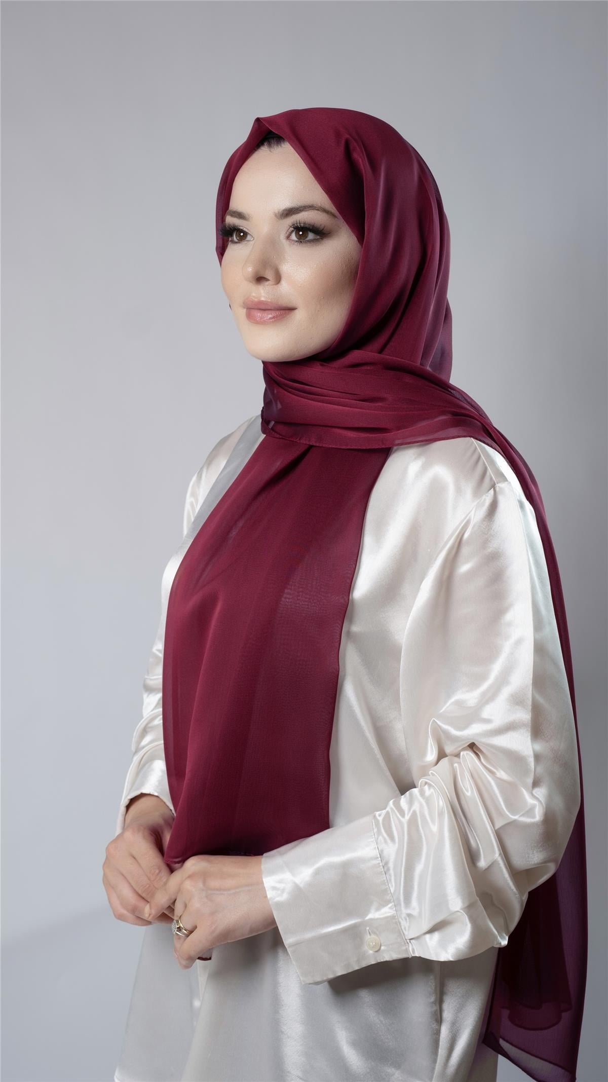 Bordo Düz Klasik Şal Şifon Kumaş Janjan Abiye - Hürrem Bone 202108_16