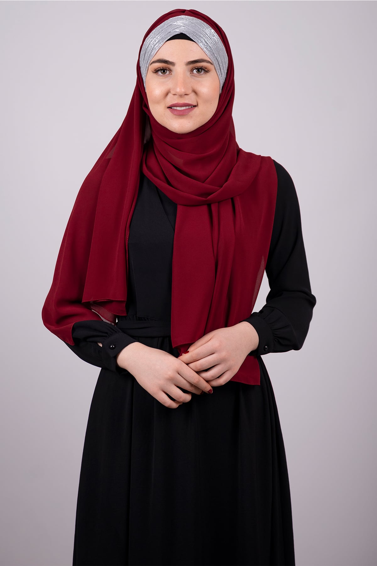 Bordo-Gümüş Arkadan Bağlamalı Şal Şifon Üç Bantlı Simli Pileli - Hürrem 1835