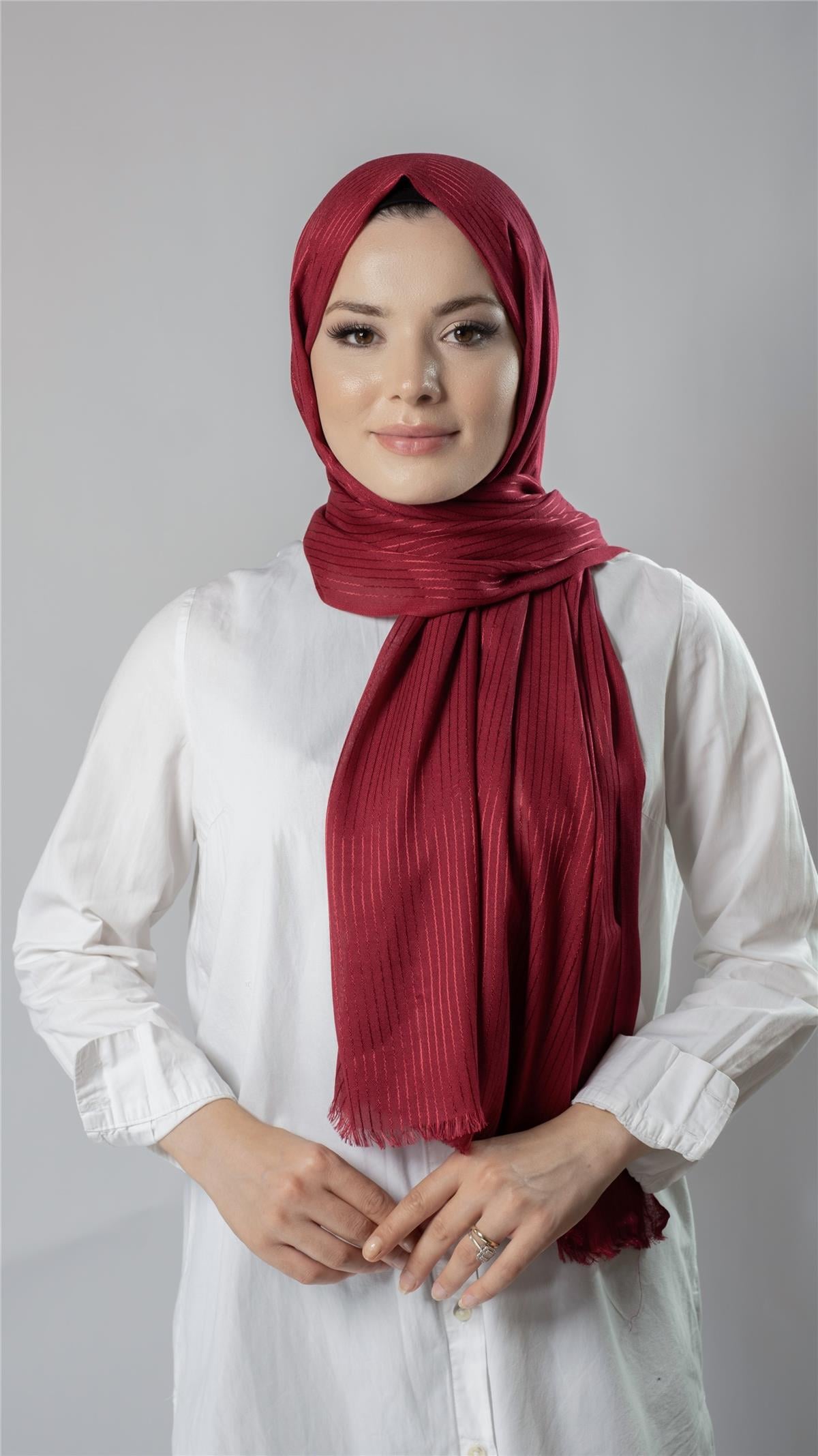 Bordo İnce Çizgili Şal Viskon Kumaş Bursa Dolama - Hürrem Bone 202111_16