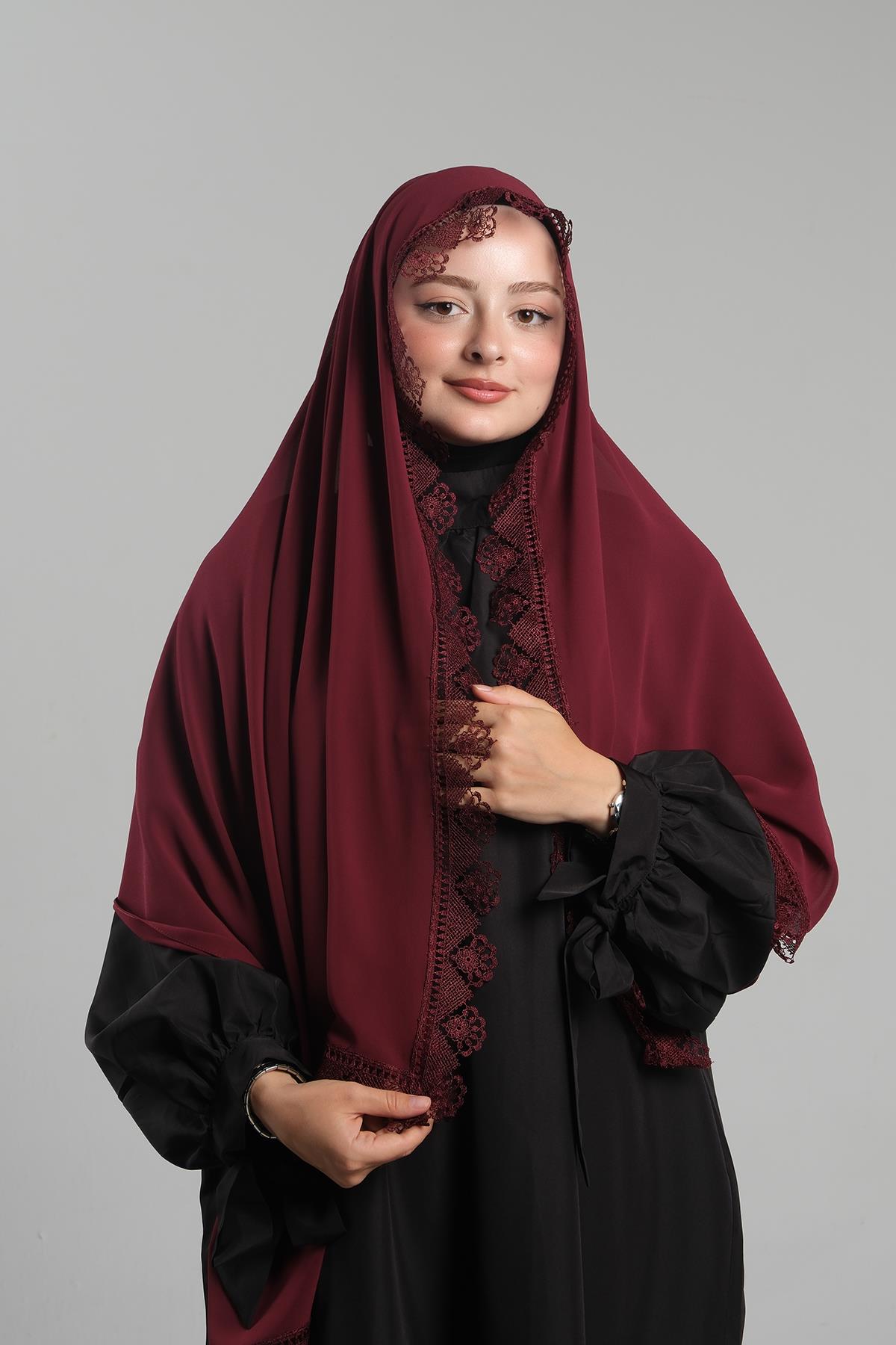 Bordo Namaz Başörtüsü Şal Şifon Güpürlü - Hürrem Bone 202106_16
