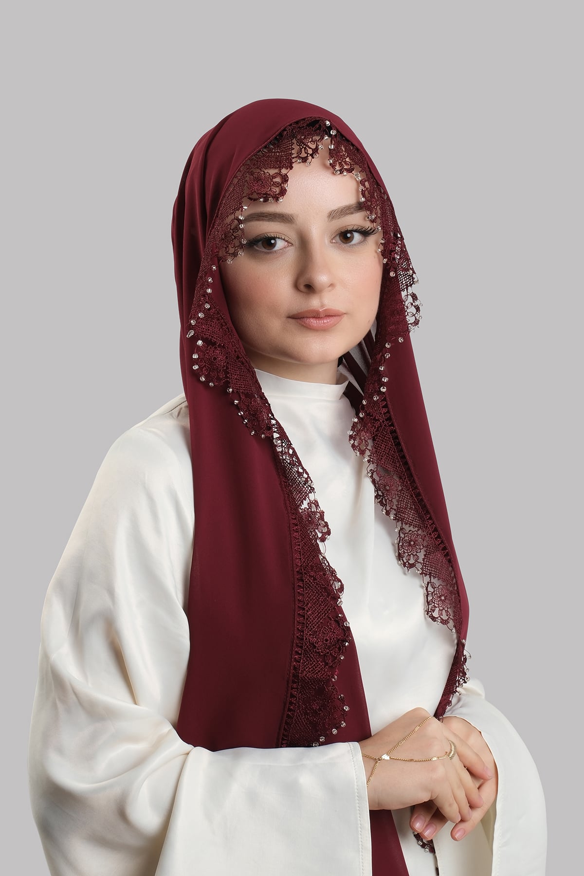 Bordo Nikah Namaz Başörtüsü Şal Şifon Boncuklu Güpürlü - Hürrem Bone 202131_16