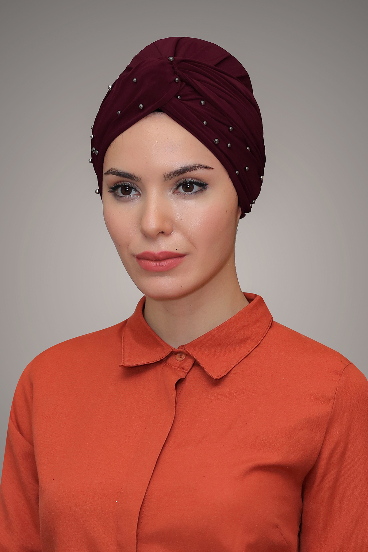 Bordo Pratik Dolama Tesettür Bone Sandy Kumaş Boncuklu - Hürrem 1870