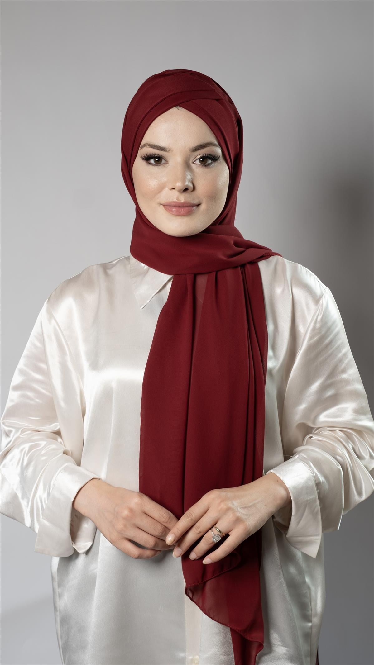 Bordo Pratik Hazır Geçmeli Bone Şal Şifon Kendinden Boneli İki Bantlı - Hürrem Bone 1452_16