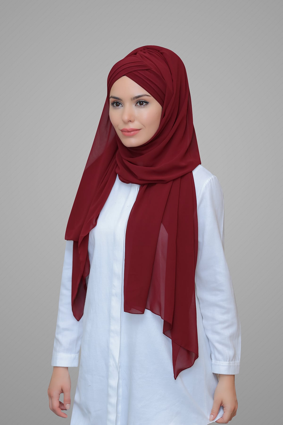 Bordo Pratik Hazır Geçmeli Bone Şal Şifon Kendinden Topuzlu Üç Bantlı - Hürrem 1451