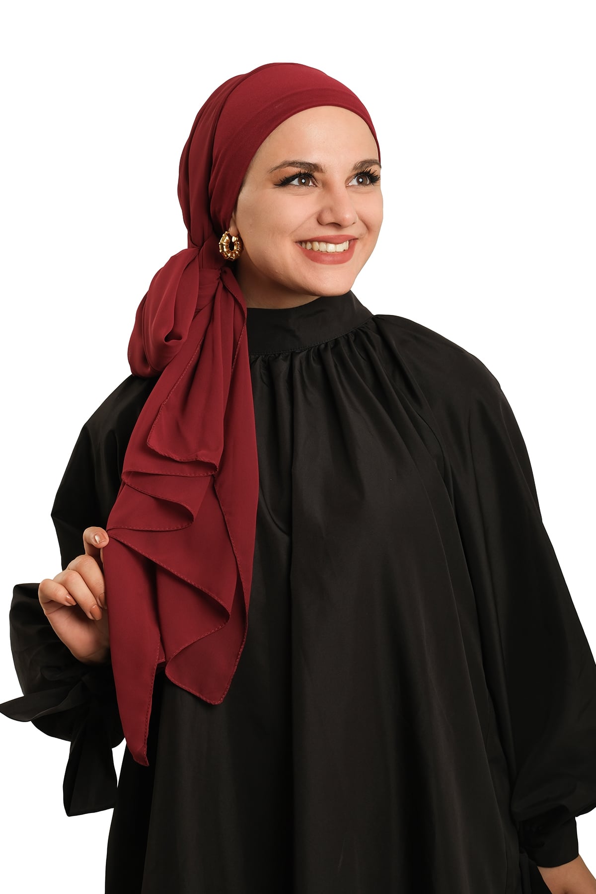 Bordo Pratik Hazır Geçmeli Bone Şal Şifon Düz - Hürrem Bone 2506_16