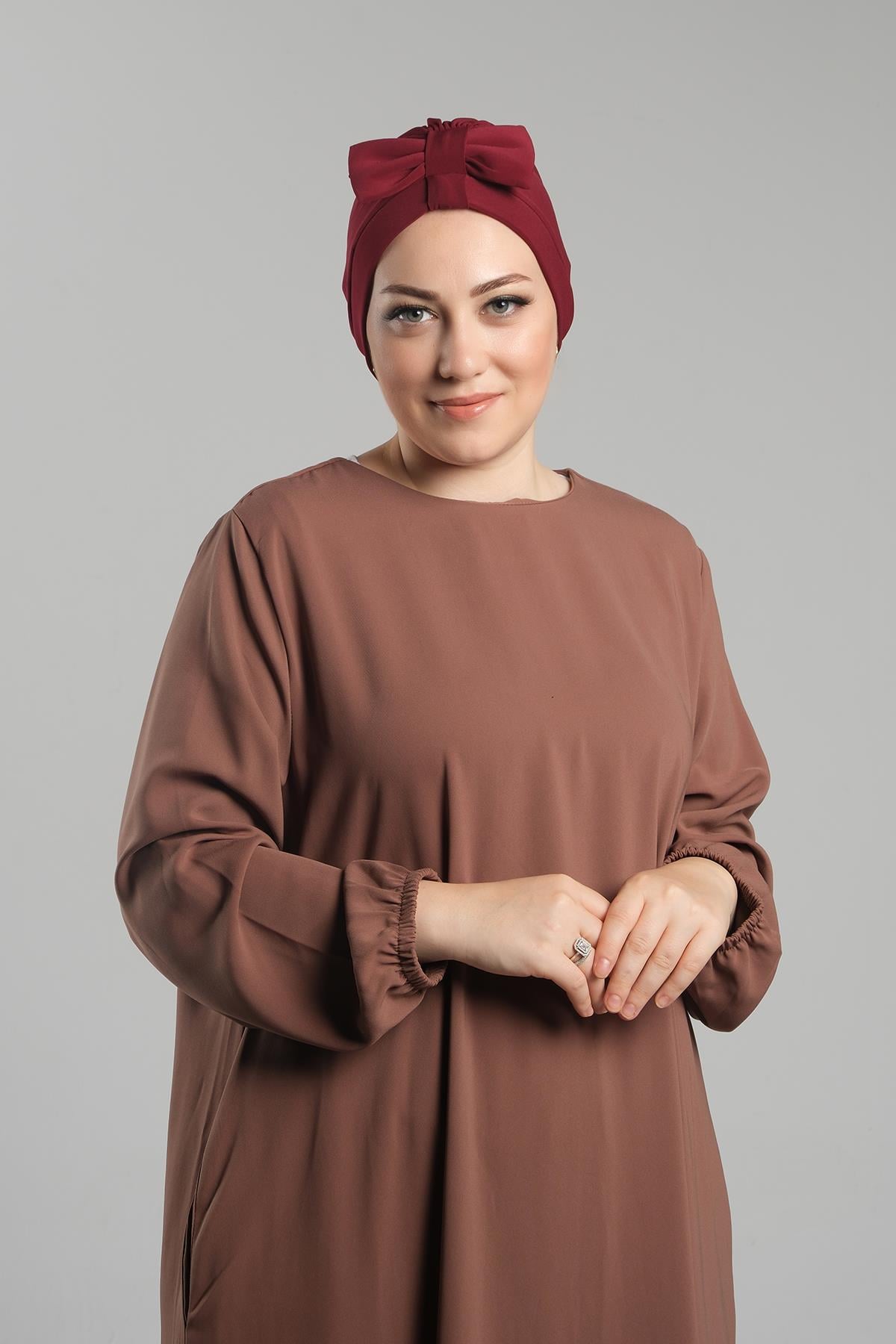Bordo Pratik Hazır Geçmeli Fiyonklu Bone Sandy Çift Taraflı Çapraz - Hürrem Bone 3007B_16