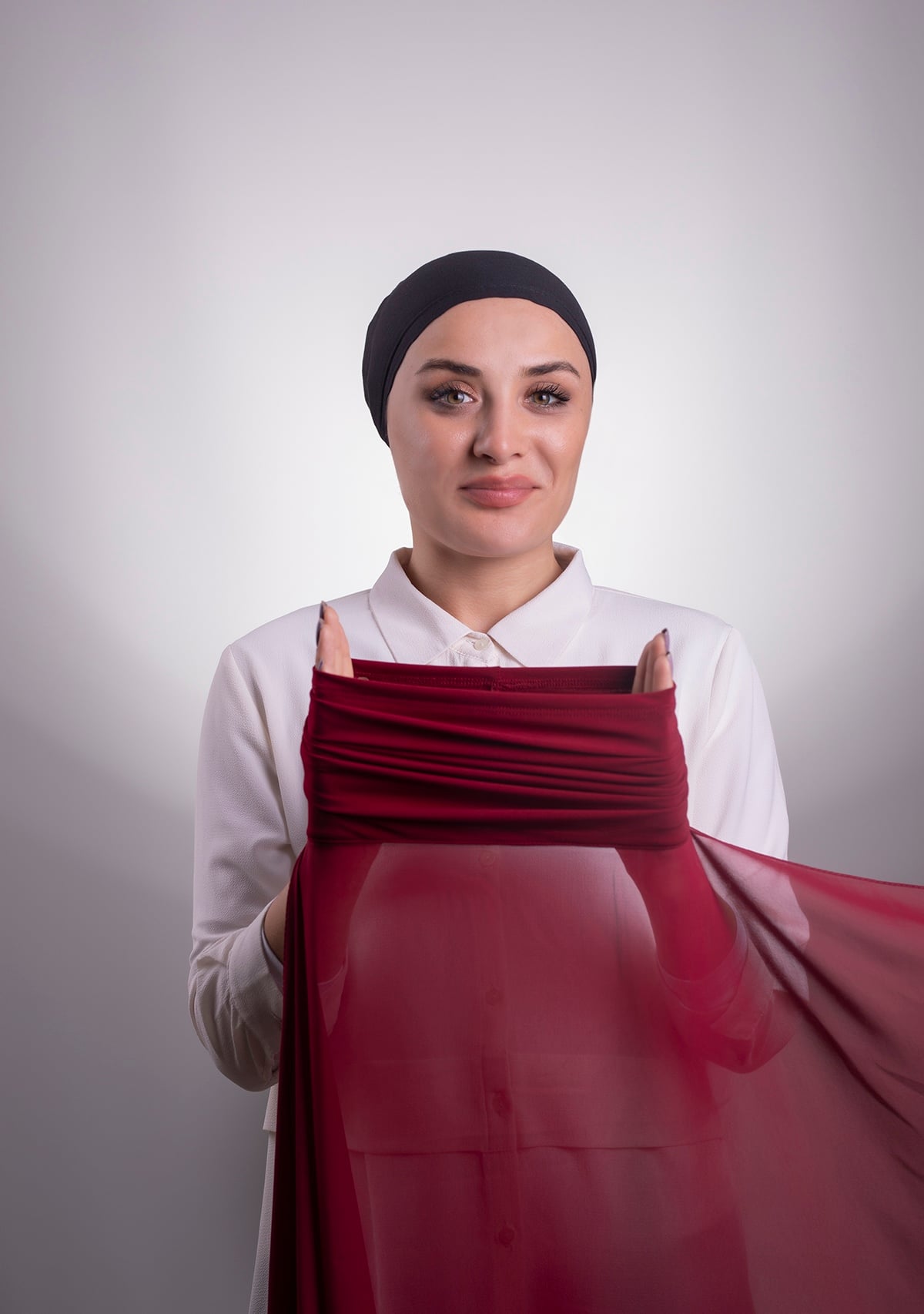 Bordo Pratik Hazır Geçmeli Şal Şifon Boru Boneli - Halven 3001