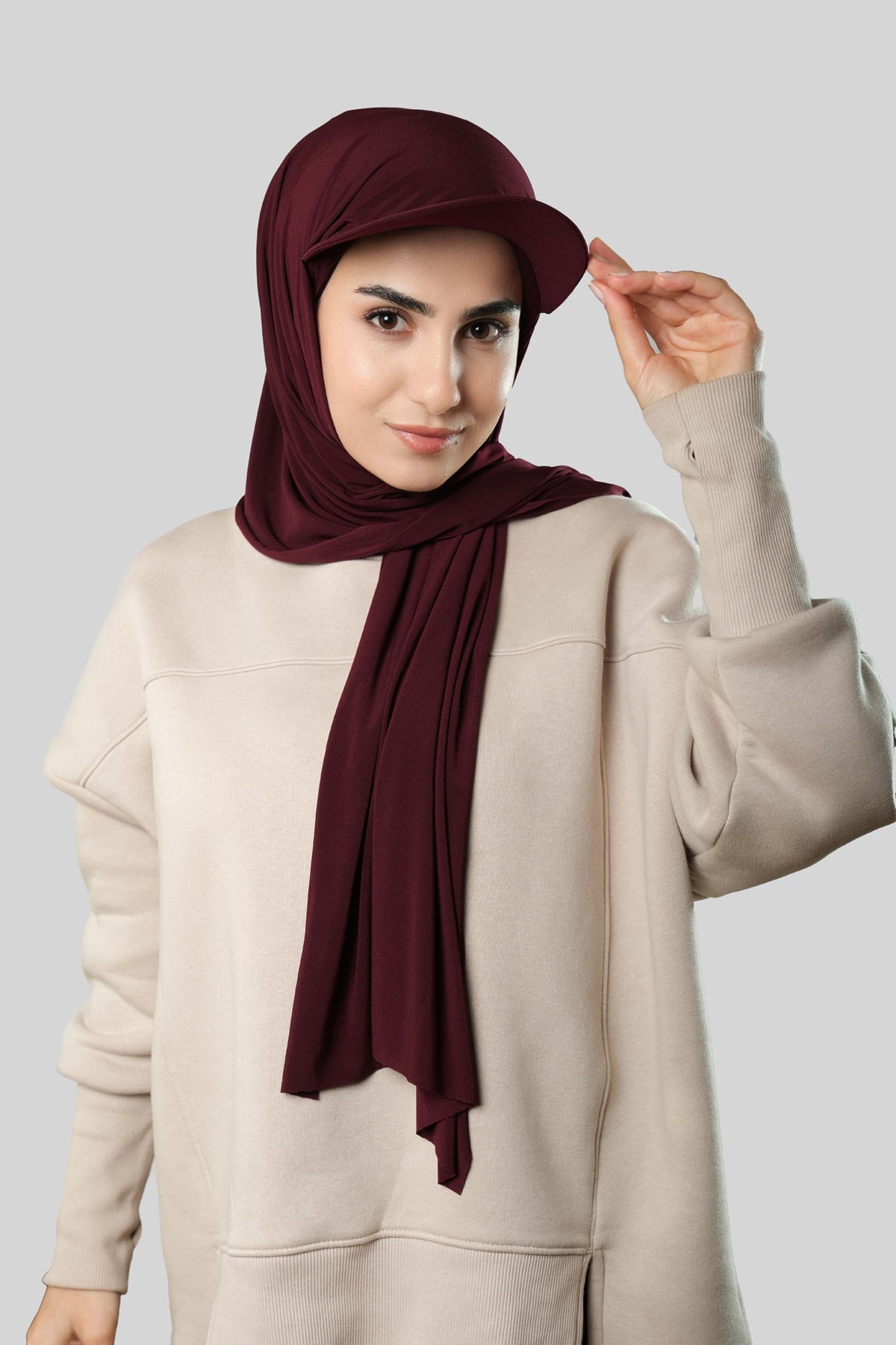Bordo Pratik Hazır Geçmeli Şapkalı Tesettür Şal Sandy Düz - Hürrem Bone 3008_16