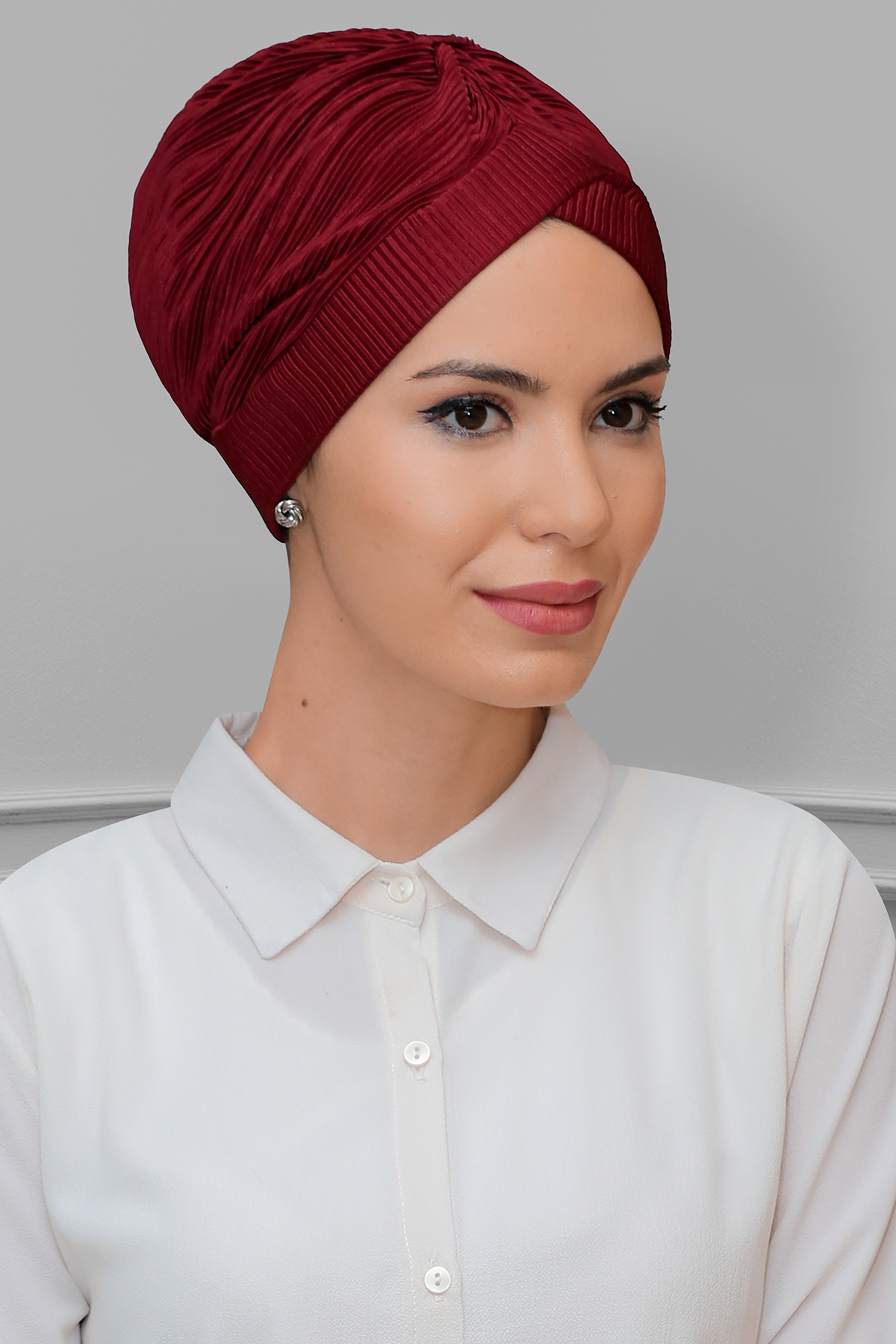 Bordo Pratik Hazır Geçmeli Tesettür Bone Fukuro Piliseli (Pliseli) Tek Çapraz Büzgülü - Hürrem 1824