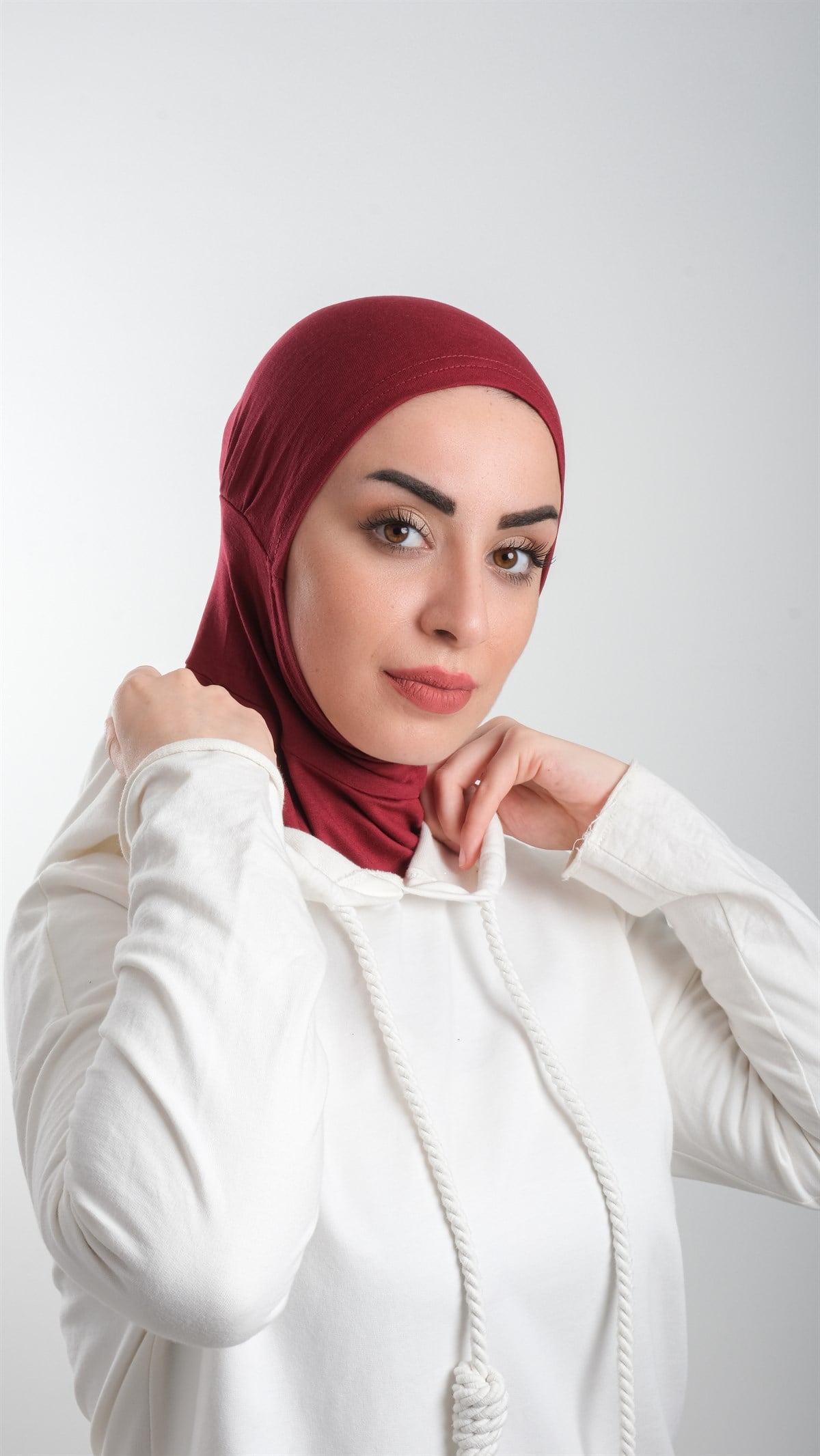 Bordo Pratik Hazır Geçmeli Tesettür Bone Sandy Kumaş Spor Hijab - Hürrem Bone 2113_16