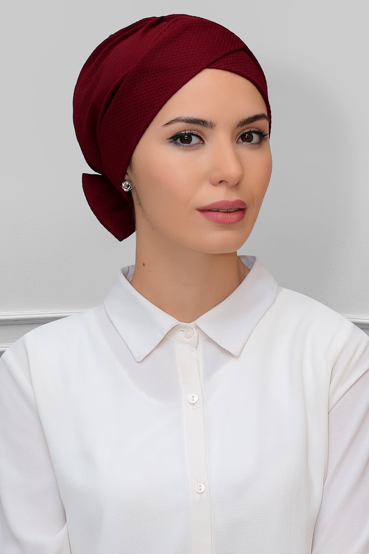 Bordo Pratik Hazır Geçmeli Tesettür Bone Petekli Mevsimlik Fiyonklu Çift Taraflı Tek Çapraz - Hürrem 1865