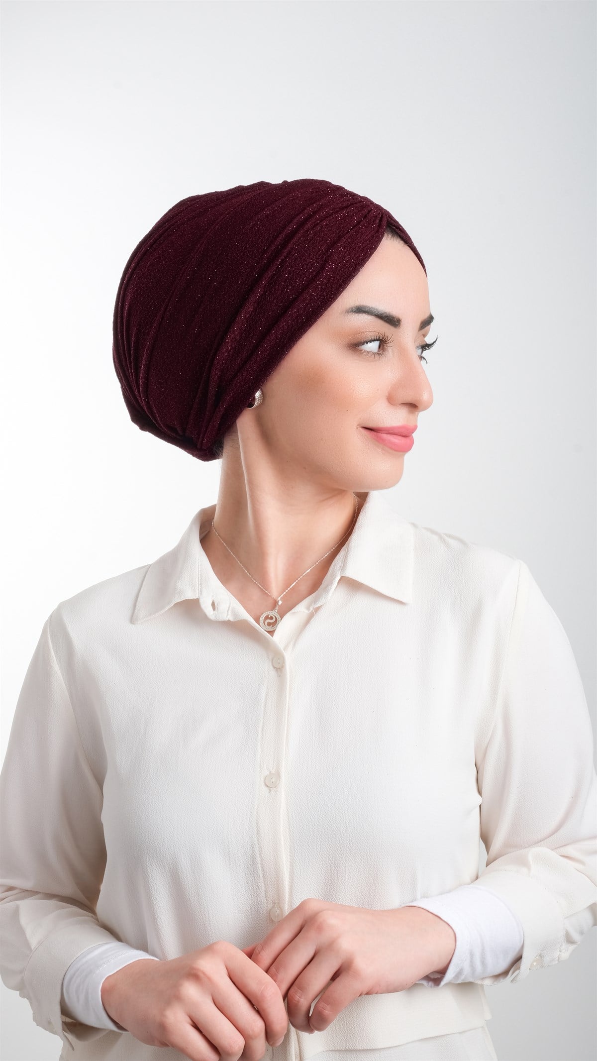 Bordo Pratik Hazır Geçmeli Tesettür Bone Fukuro Simli Büzgülü - Hürrem Bone 2116_16
