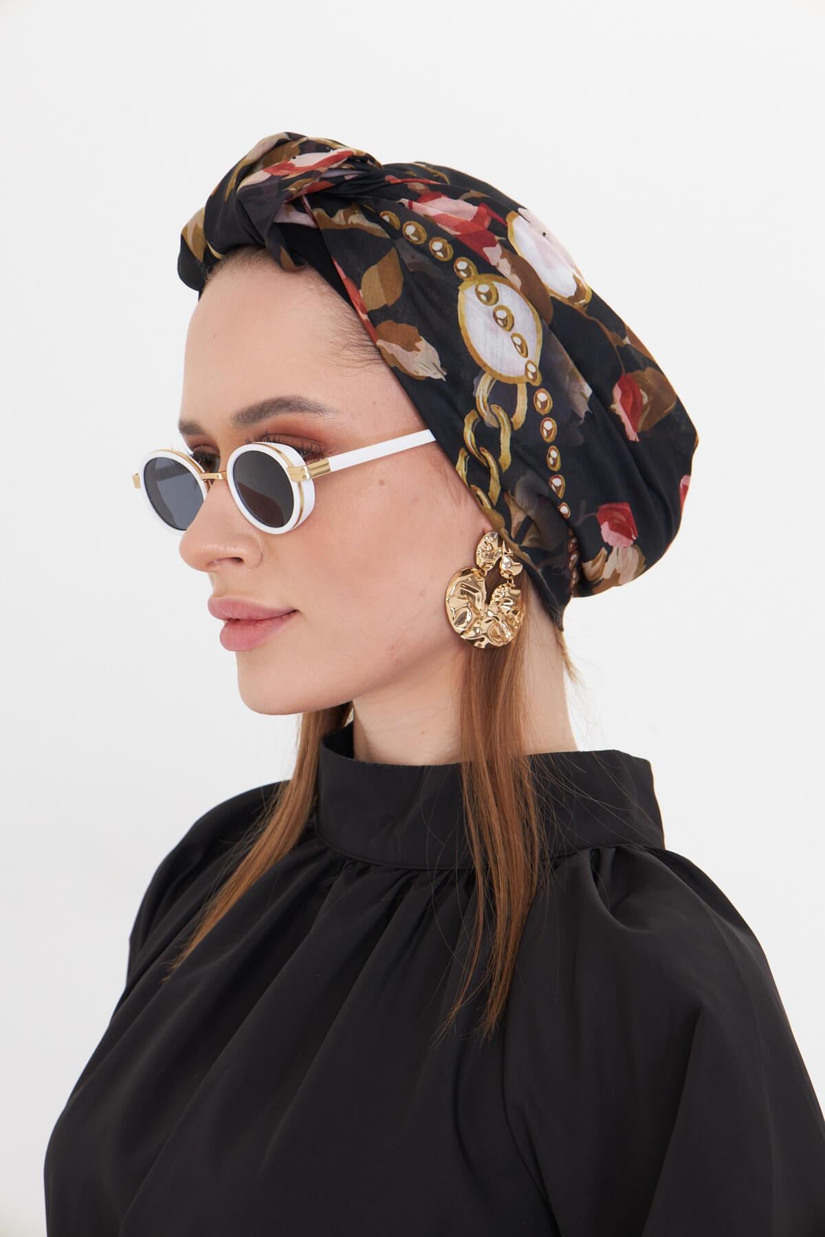 Bordo Pratik Hazır Geçmeli Tesettür Bone Kesik Elyaf Retro Desenli - Hürrem Bone 2409_16