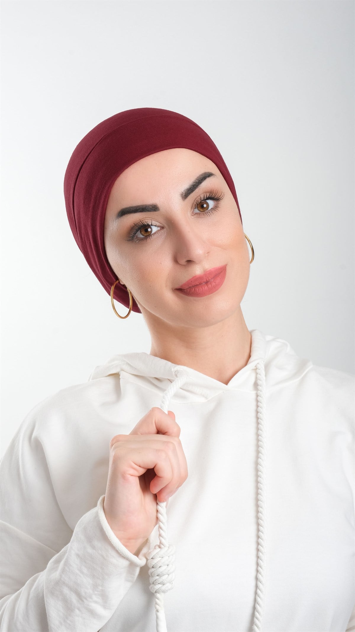 Bordo Pratik Hazır Geçmeli Tesettür Bone Viskon Kumaş Sade - Hürrem Bone 3003_16