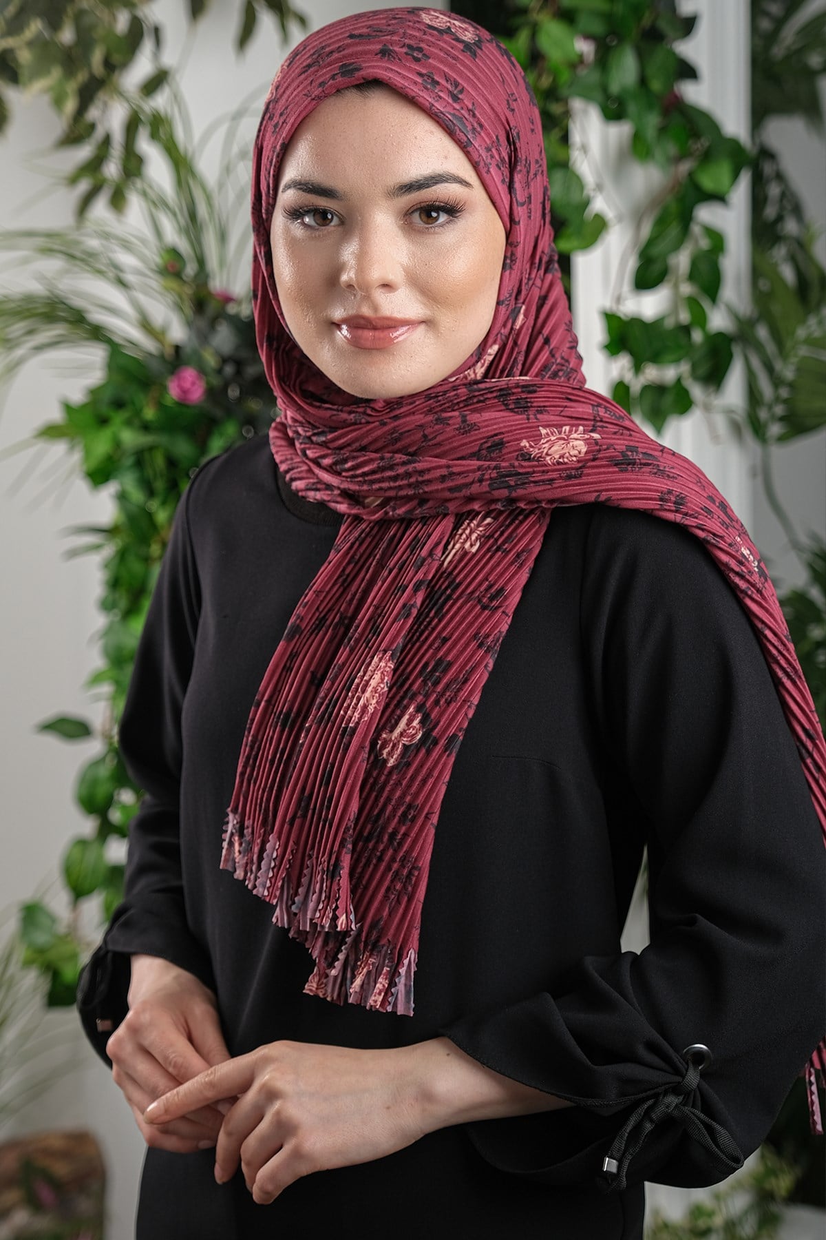 Bordo Pratik Hazır Geçmeli Tesettür Eşarp Kesik Elyaf Piliseli Çiçek Desenli - Hürrem Bone 1818D6_16