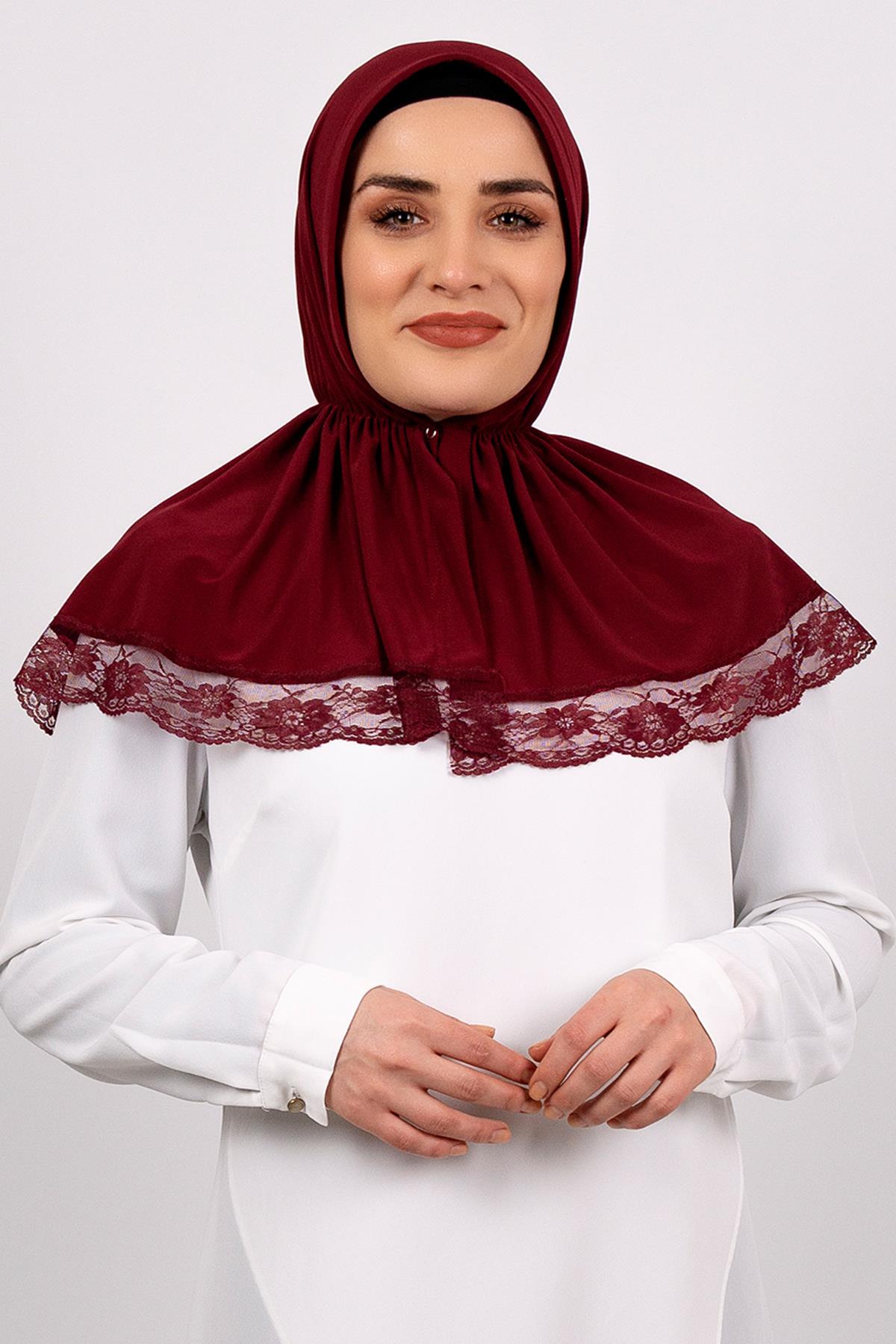 Bordo Pratik Hazır Geçmeli Tesettür Eşarp Viskon Kumaş Çıtçıtlı Dantelli - Hürrem Bone 2105_16
