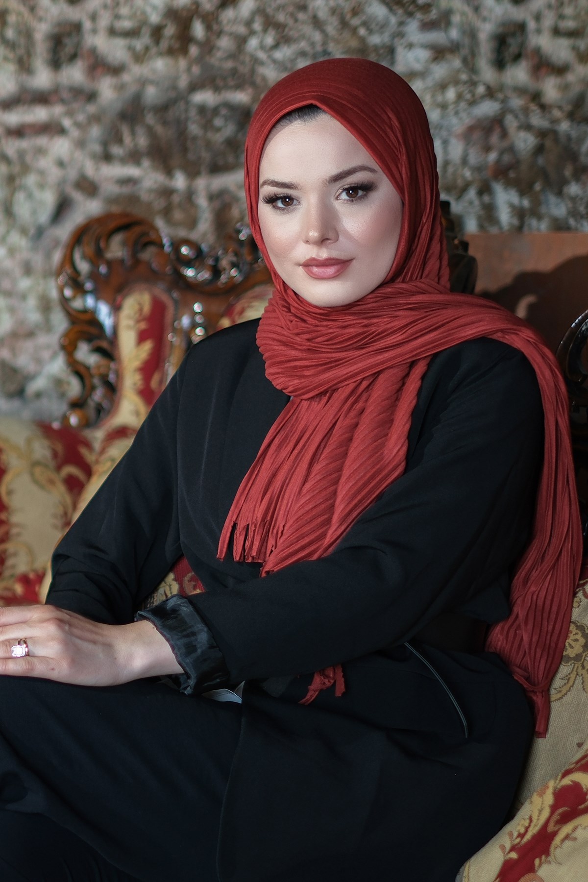 Bordo Pratik Hazır Geçmeli Tesettür Eşarp Kesik Elyaf Piliseli Saçaklı Lazer Kesim - Hürrem Bone 1818_16