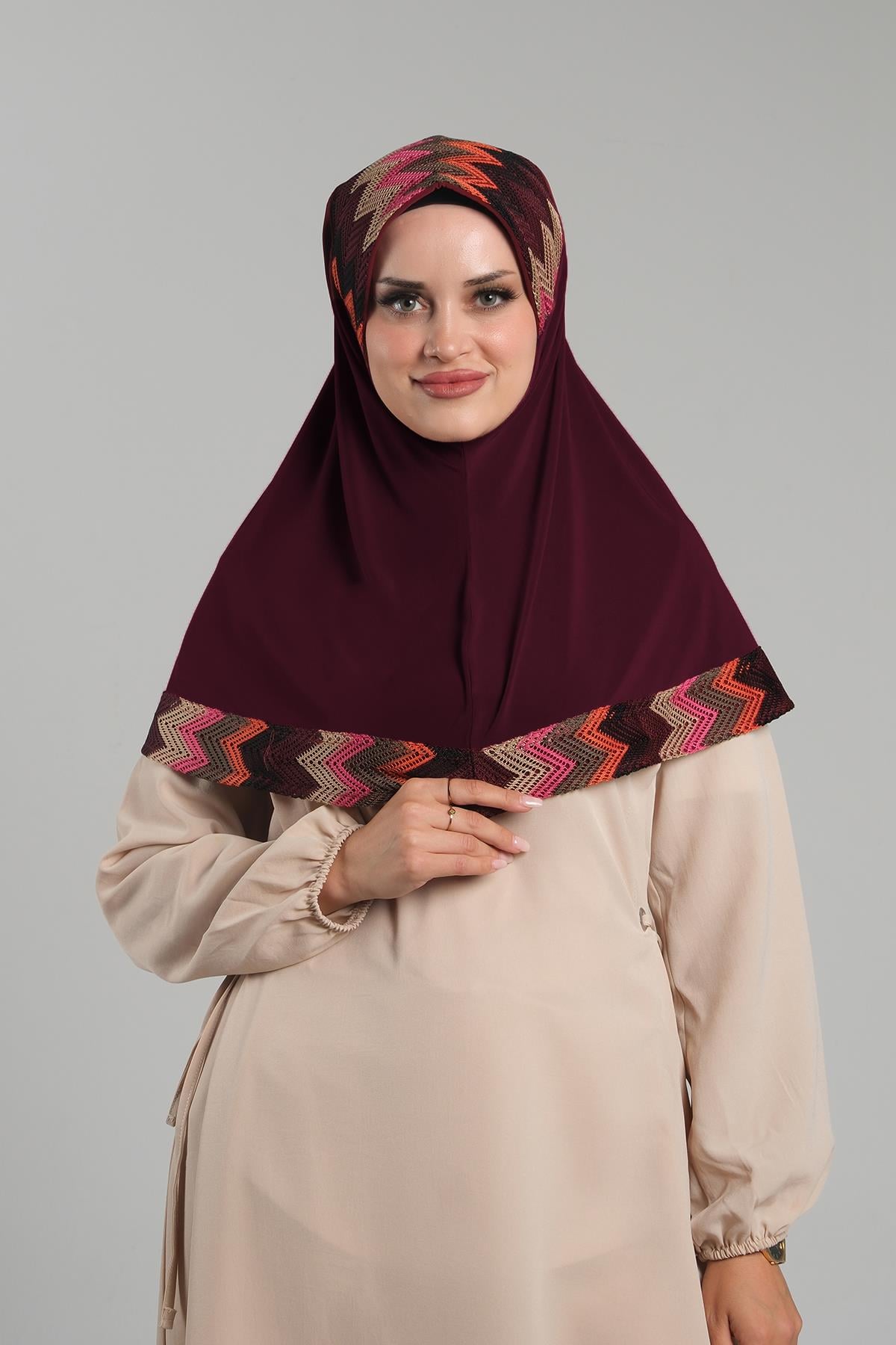Bordo Pratik Hazır Geçmeli Tesettür Eşarp Sandy Renkli Desenli Fileli - Hürrem Bone 2401_16
