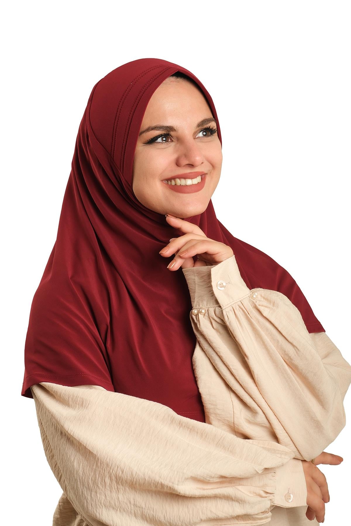 Bordo Pratik Hazır Geçmeli Tesettür Eşarp Sandy Kumaş Sade - Hürrem Bone 1600_16