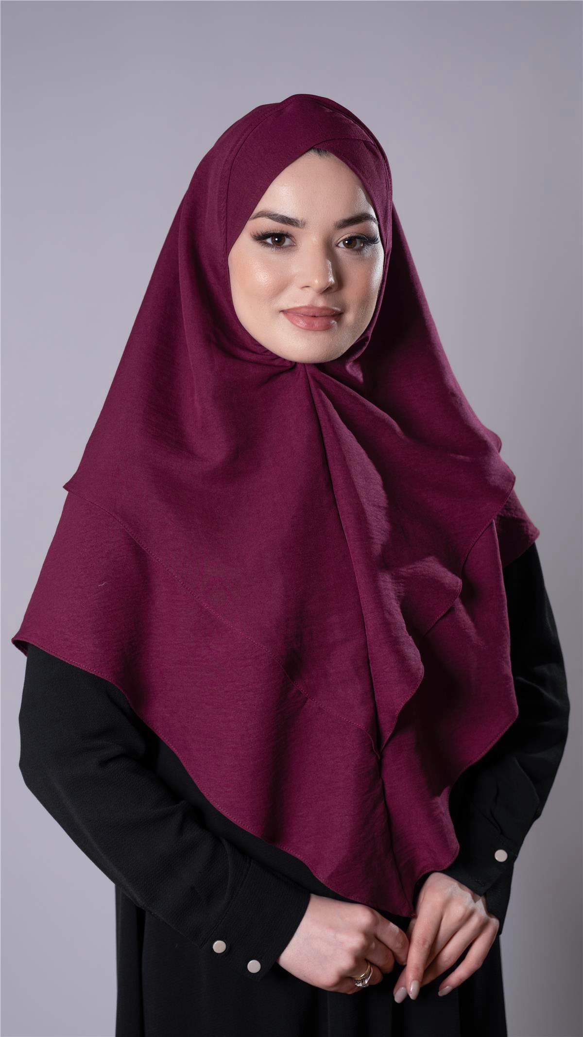 Bordo Pratik Hazır Geçmeli Tesettür Eşarp Pamuk Caz Kumaş Çift Katlı Çapraz Hijab - Hürrem Bone 2304_16