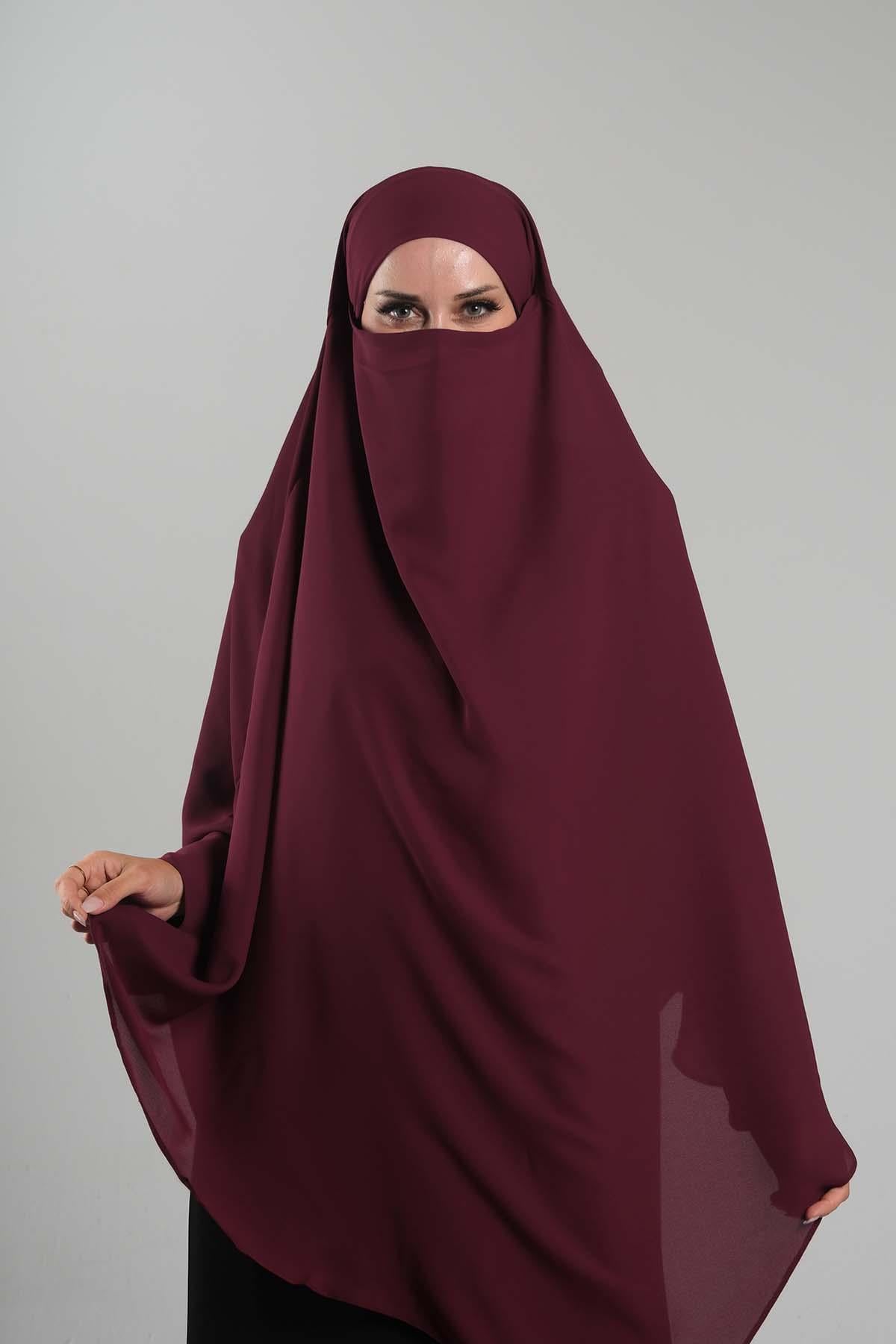 Bordo Pratik Hazır Geçmeli Tesettür Eşarp Krep Bağcıklı Sufle Hijab - Hürrem Bone 2313_16