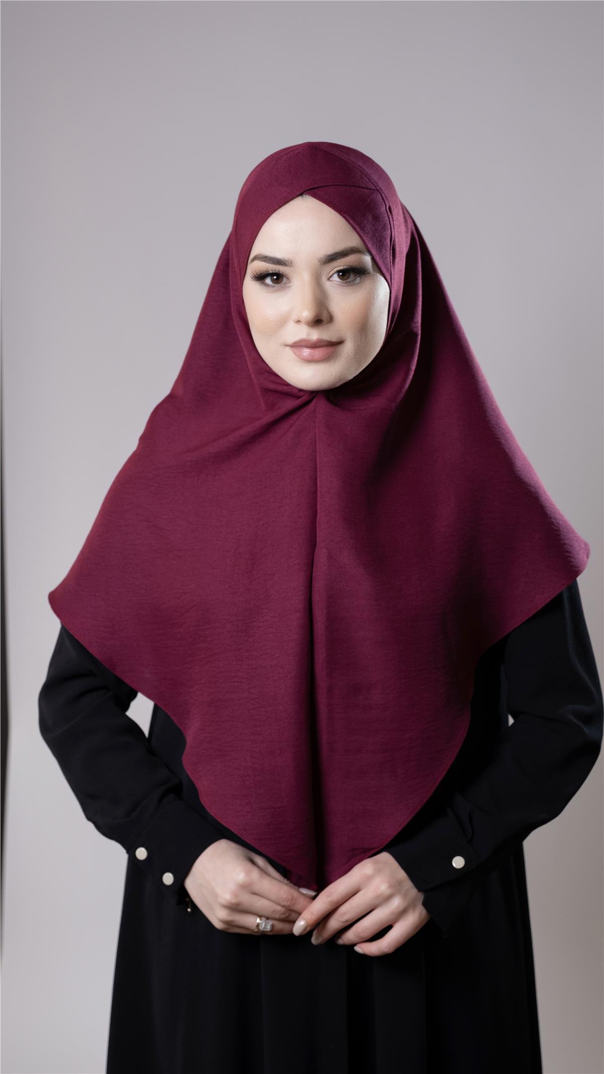 Bordo Pratik Hazır Geçmeli Tesettür Eşarp Pamuk Caz Kumaş Tek Katlı Çapraz Hijab - Hürrem Bone 2305_16