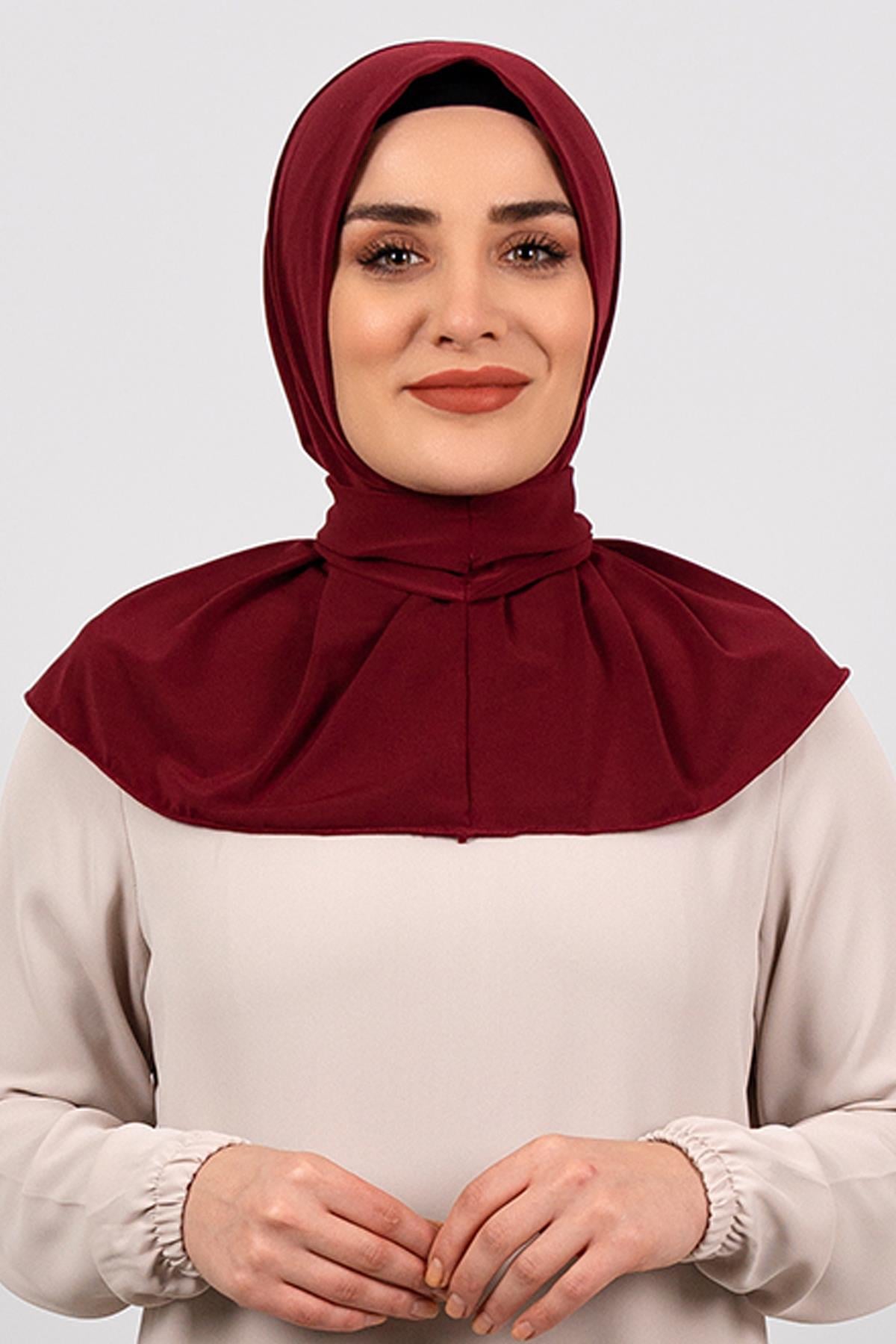 Bordo Pratik Hazır Geçmeli Tesettür Eşarp Sandy Kumaş Arkadan Çıtçıtlı - Hürrem Bone 2101_16