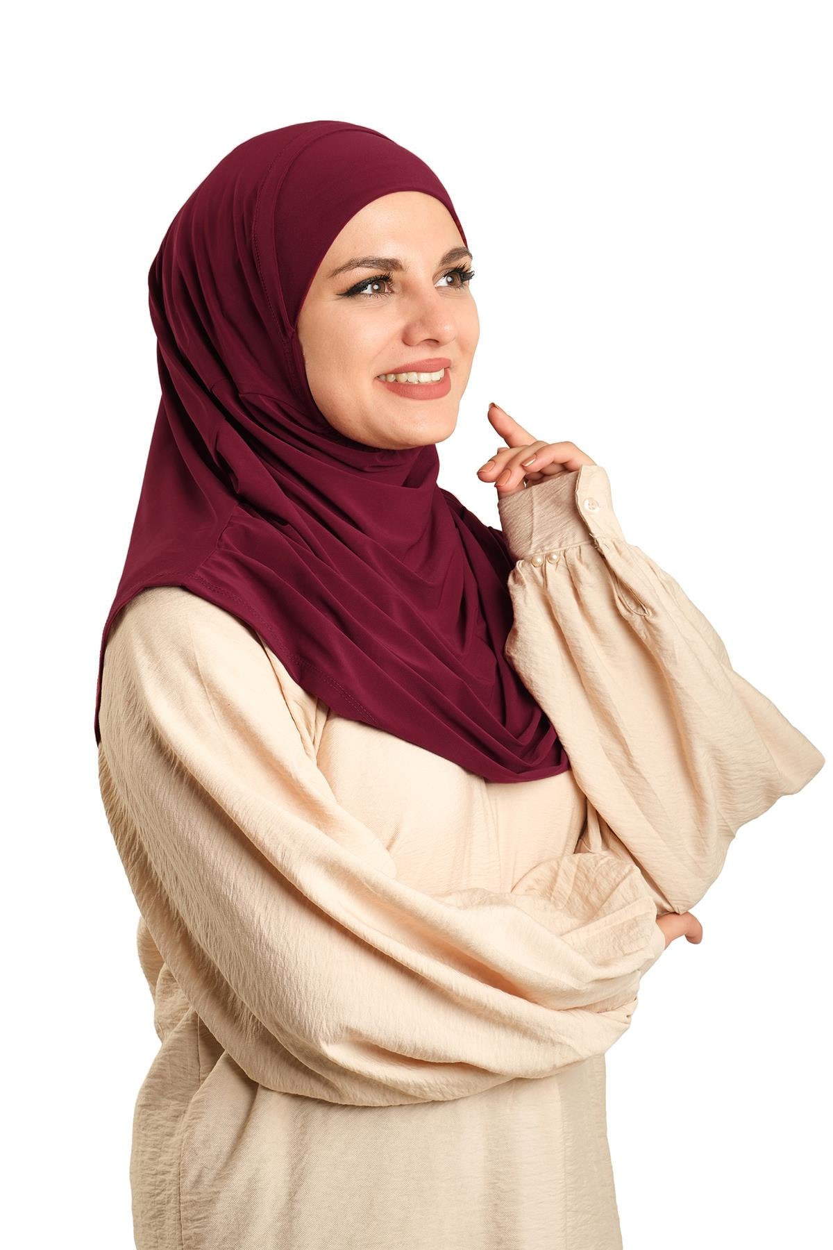 Bordo Pratik Hazır Geçmeli Tesettür Eşarp Sandy Kumaş Kendinden Boneli - Hürrem Bone 1290_16