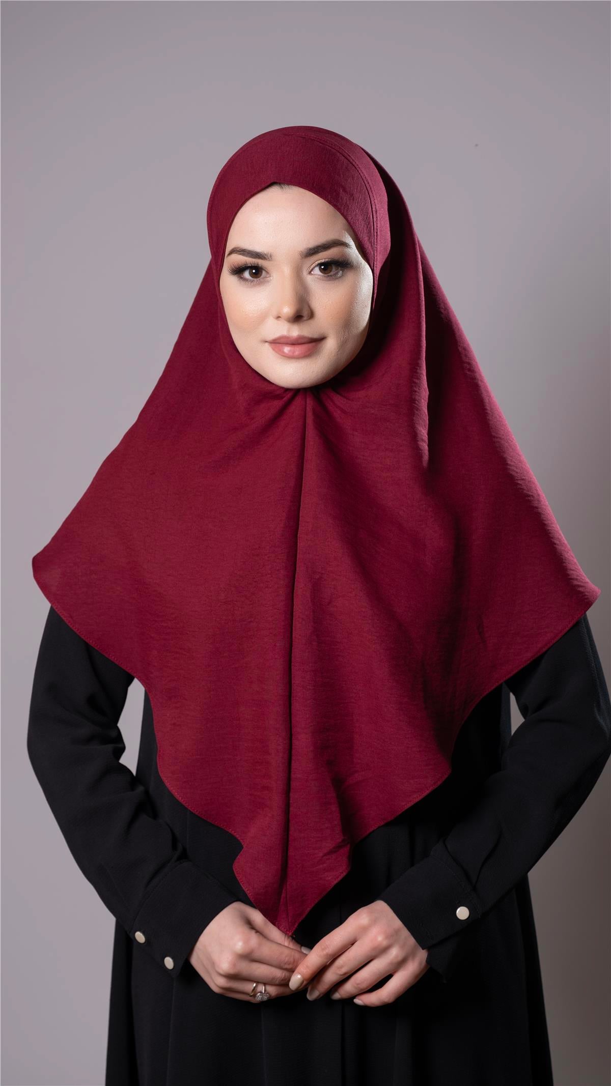 Bordo Pratik Hazır Geçmeli Tesettür Eşarp Pamuk Caz Kumaş Düz Hijab - Hürrem Bone 2306_16