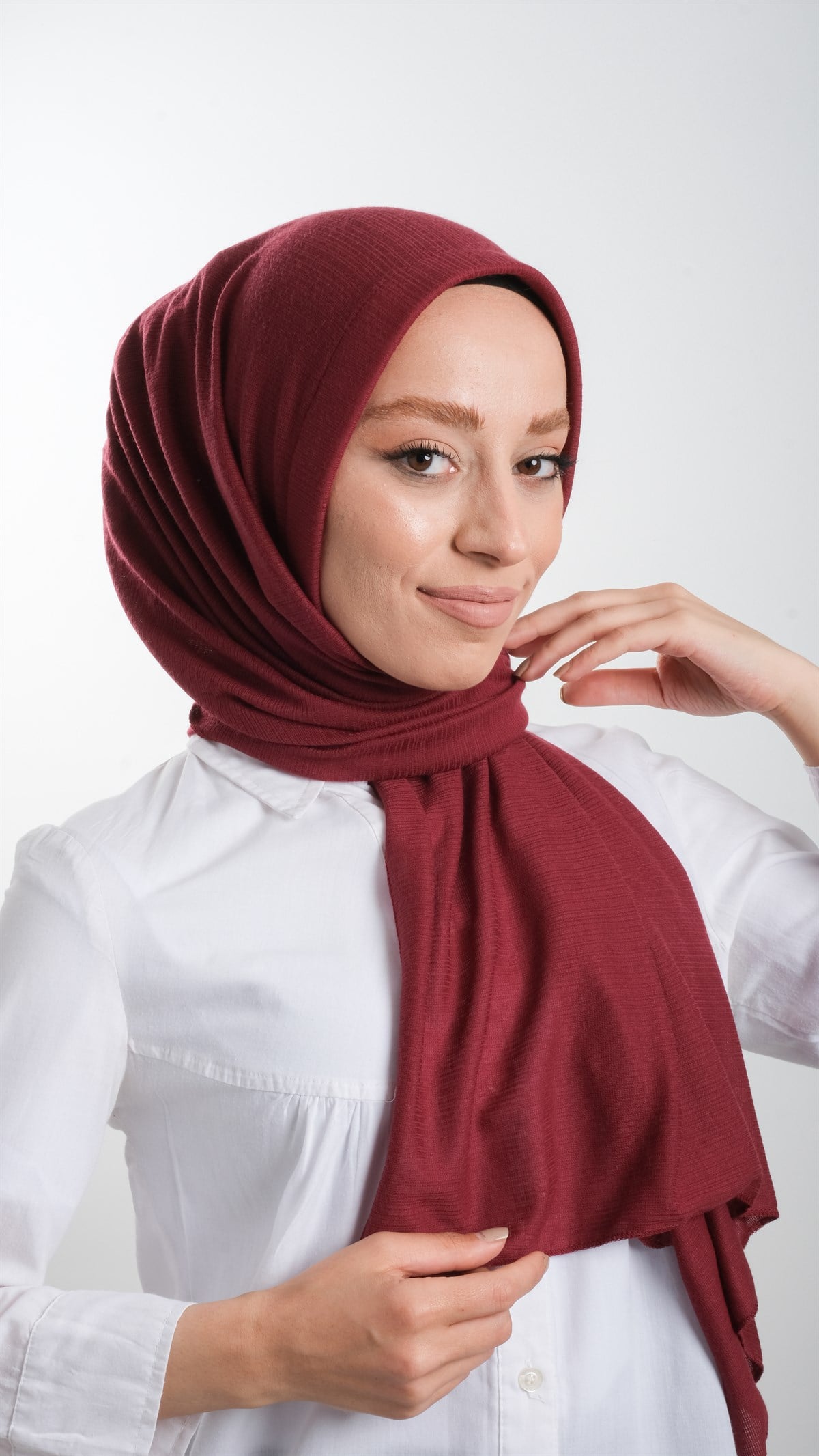 Bordo Pratik Hazır Geçmeli Tesettür Şal Örme Kumaş Sade - Hürrem Bone 2118_16