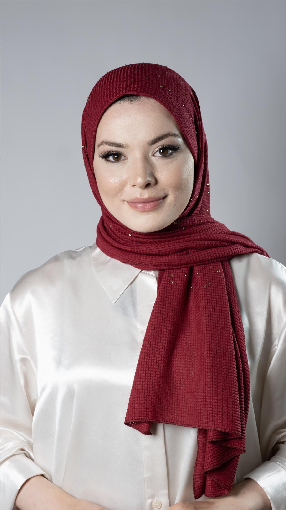 Bordo Pratik Hazır Geçmeli Tesettür Şal Örme Kumaş Taş Desenli - Hürrem Bone 2118T_16