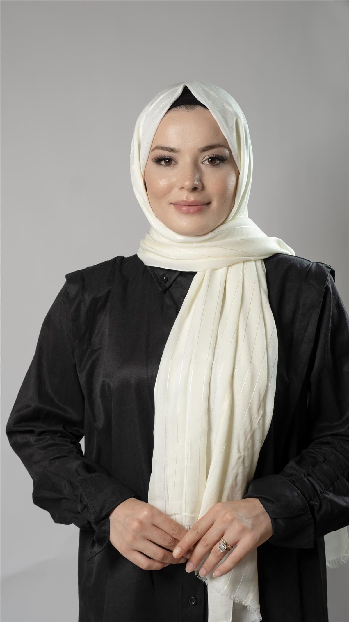 Ekru Çizgili Şal Viskon Kumaş Bursa Dolama - Hürrem Bone 202110_27