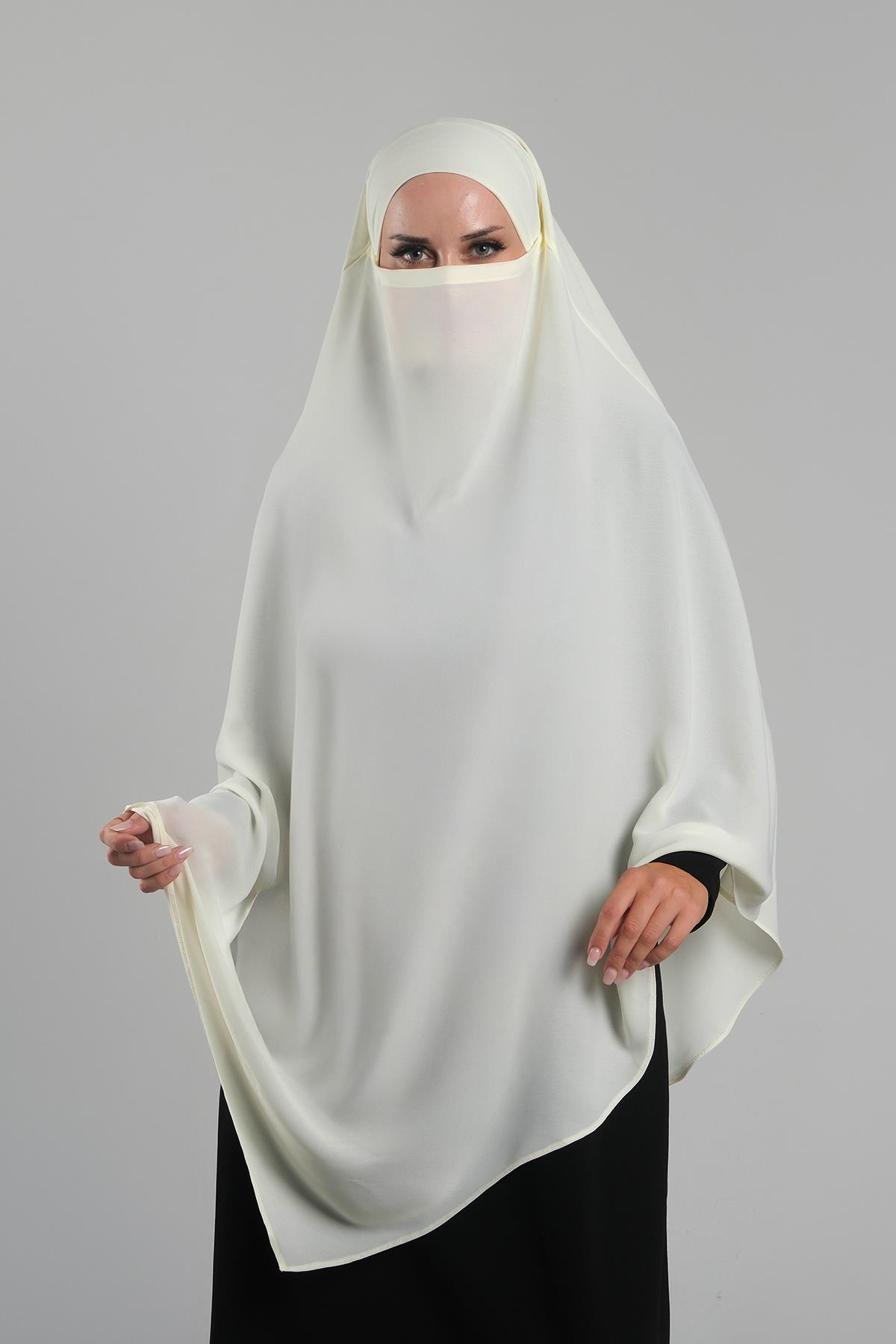 Ekru Pratik Hazır Geçmeli Tesettür Eşarp Krep Bağcıklı Sufle Hijab - Hürrem Bone 2313_27